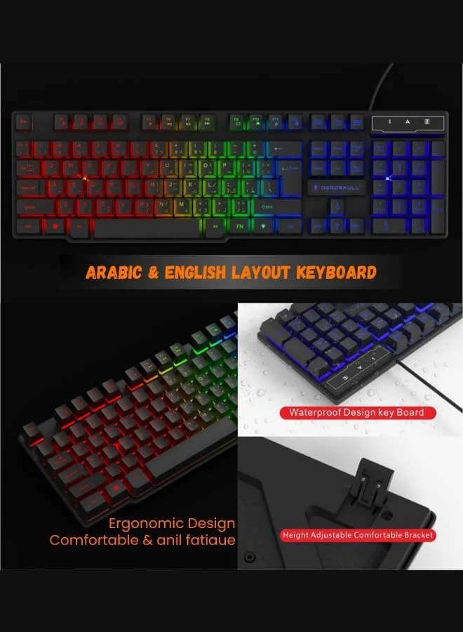 ست کیبورد و ماوس گیمینگ، کیبورد سیم دار با نور پس زمینه رنگین کمانی LED و ماوس RGB با DPI 800-3200، مناسب گیمینگ برای PS4 Xbox PC Laptop Mac DS-KB334 - مشکی