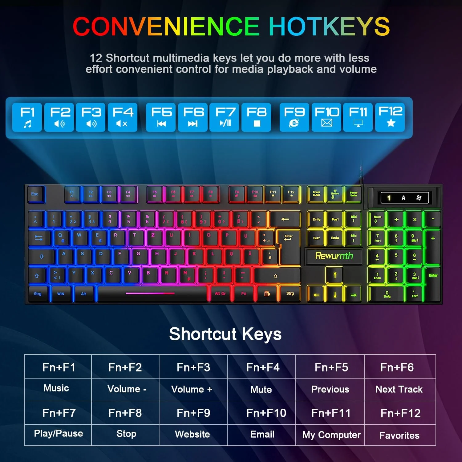 ست کیبورد گیمینگ Rewurnth، ماوس و هدست، طرح‌بندی QWERTZ DE، کیبورد با نورپردازی RGB، ماوس گیمینگ LED 4 رنگ، هدفون Over-Ear، ماوس پد بزرگ، USB سیمی برای PC Mac PS5 Xbox
