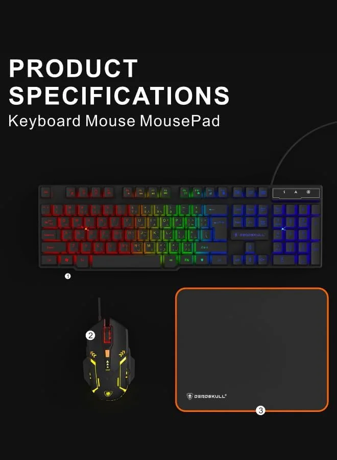 ست کیبورد و ماوس گیمینگ، کیبورد سیم دار با نور پس زمینه رنگین کمانی LED و ماوس RGB با DPI 800-3200، مناسب گیمینگ برای PS4 Xbox PC Laptop Mac DS-KB334 - مشکی