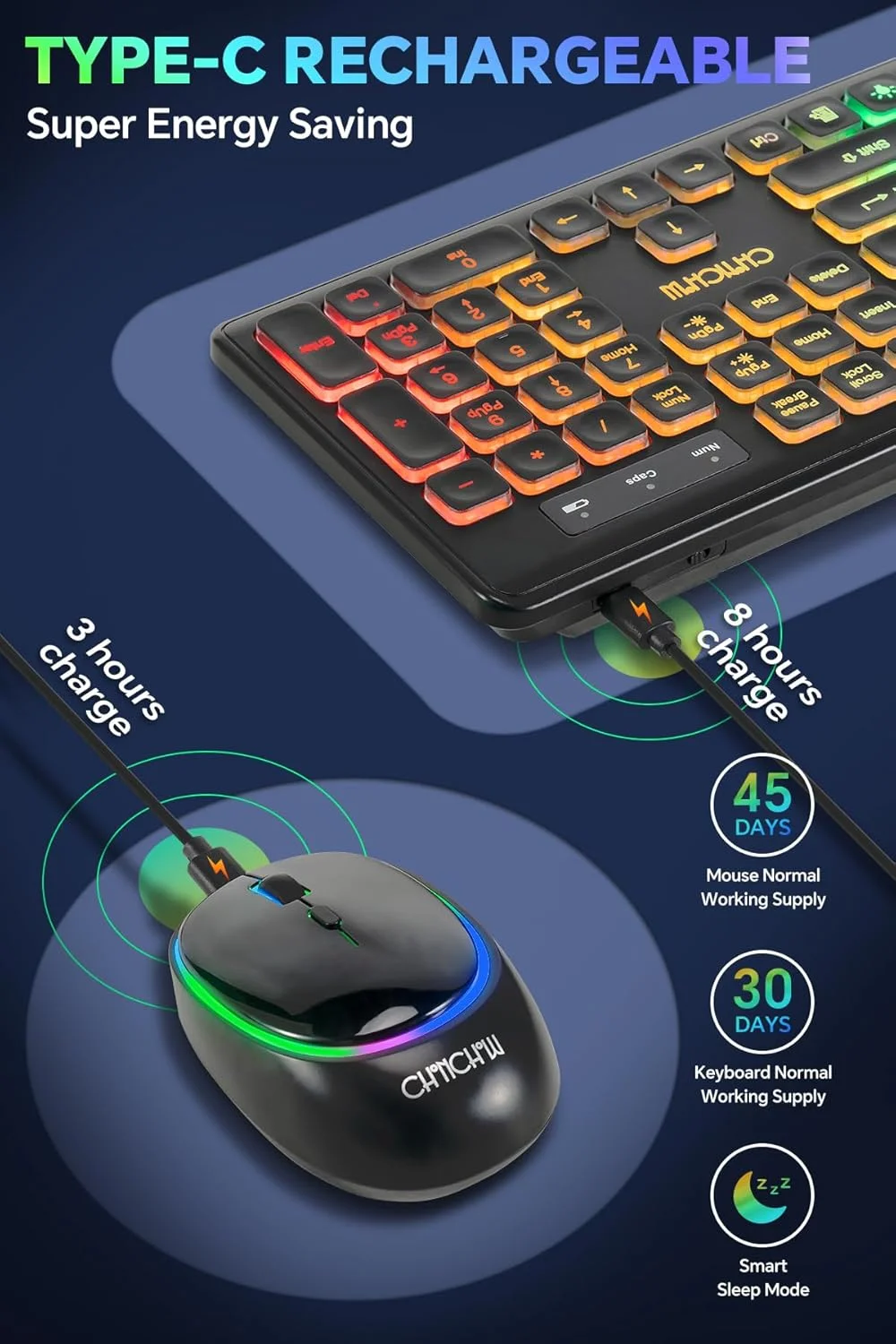 کیبورد و ماوس بیسیم CHONCHOW، کمبو LED شارژی، کیبورد با نور پسزمینه RGB، ماوس بیصدا USB 2.4g مینی با باتری بزرگ برای کار و بازی، سازگار با ویندوز، مک، لینوکس به همراه دفترچه راهنما W300 کیبورد و ماوس بیسیم CHONCHOW، کمبو LED شارژی، کیبورد با نور پسزمینه RGB، ماوس بیصدا USB 2.4g مینی با باتری بزرگ برای کار و بازی، سازگار با ویندوز، مک، لینوکس به همراه دفترچه راهنما W300