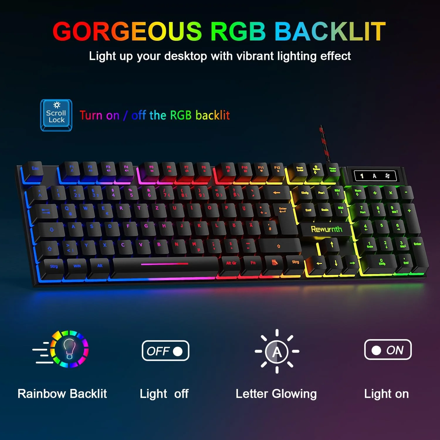 ست کیبورد گیمینگ Rewurnth، ماوس و هدست، طرح‌بندی QWERTZ DE، کیبورد با نورپردازی RGB، ماوس گیمینگ LED 4 رنگ، هدفون Over-Ear، ماوس پد بزرگ، USB سیمی برای PC Mac PS5 Xbox