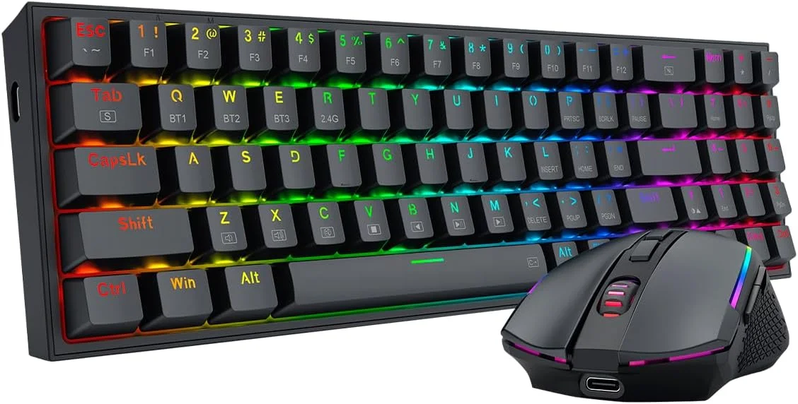 مجموعه کیبورد و ماوس گیمینگ رِدراگون S136، کیبورد مکانیکی RGB بی‌سیم سه‌حالته 75% K628 و ماوس گیمینگ بی‌سیم 7200 DPI، دانگل مشترک