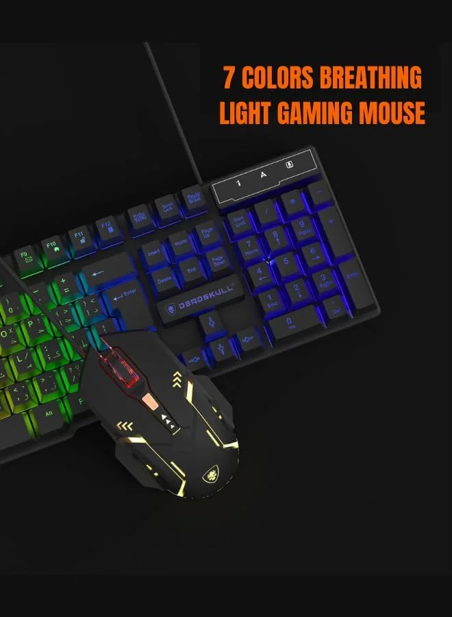 ست کیبورد و ماوس گیمینگ، کیبورد سیم دار با نور پس زمینه رنگین کمانی LED و ماوس RGB با DPI 800-3200، مناسب گیمینگ برای PS4 Xbox PC Laptop Mac DS-KB334 - مشکی