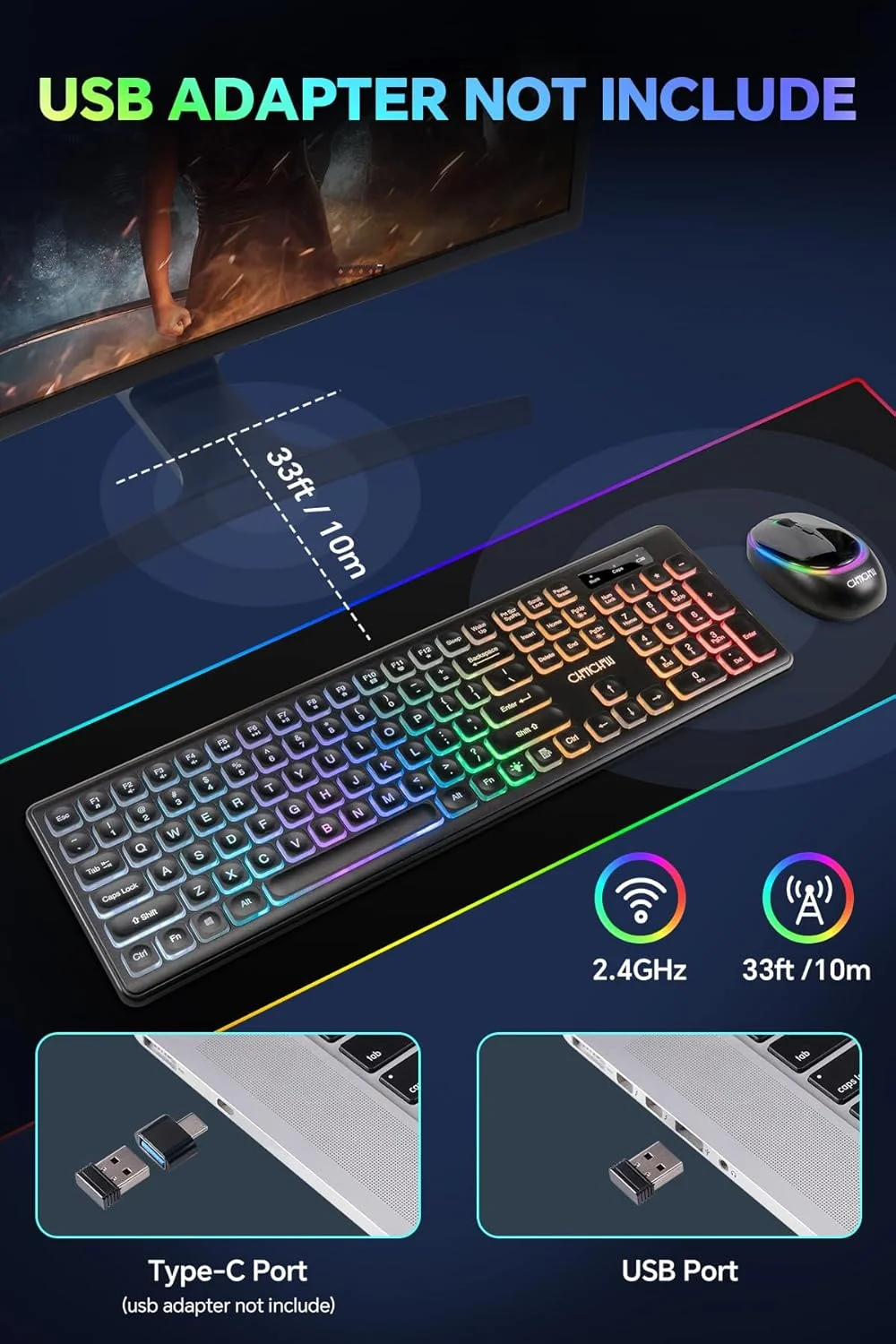 کیبورد و ماوس بیسیم CHONCHOW، کمبو LED شارژی، کیبورد با نور پسزمینه RGB، ماوس بیصدا USB 2.4g مینی با باتری بزرگ برای کار و بازی، سازگار با ویندوز، مک، لینوکس به همراه دفترچه راهنما W300 کیبورد و ماوس بیسیم CHONCHOW، کمبو LED شارژی، کیبورد با نور پسزمینه RGB، ماوس بیصدا USB 2.4g مینی با باتری بزرگ برای کار و بازی، سازگار با ویندوز، مک، لینوکس به همراه دفترچه راهنما W300