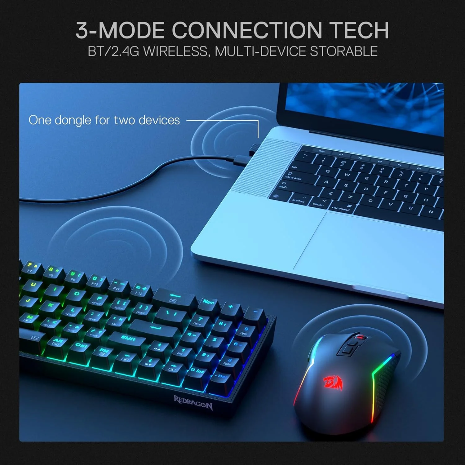 مجموعه کیبورد و ماوس گیمینگ رِدراگون S136، کیبورد مکانیکی RGB بی‌سیم سه‌حالته 75% K628 و ماوس گیمینگ بی‌سیم 7200 DPI، دانگل مشترک