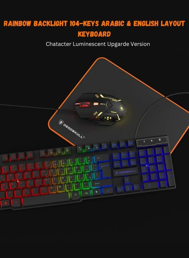 ست کیبورد و ماوس گیمینگ، کیبورد سیم دار با نور پس زمینه رنگین کمانی LED و ماوس RGB با DPI 800-3200، مناسب گیمینگ برای PS4 Xbox PC Laptop Mac DS-KB334 - مشکی