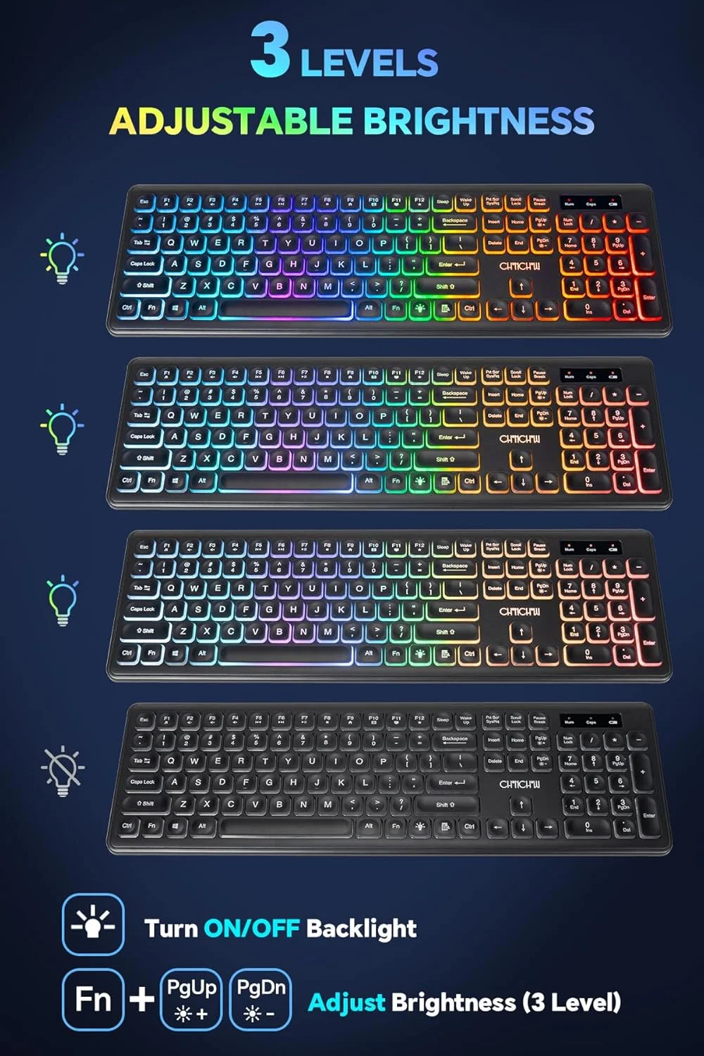 کیبورد و ماوس بیسیم CHONCHOW، کمبو LED شارژی، کیبورد با نور پسزمینه RGB، ماوس بیصدا USB 2.4g مینی با باتری بزرگ برای کار و بازی، سازگار با ویندوز، مک، لینوکس به همراه دفترچه راهنما W300 کیبورد و ماوس بیسیم CHONCHOW، کمبو LED شارژی، کیبورد با نور پسزمینه RGB، ماوس بیصدا USB 2.4g مینی با باتری بزرگ برای کار و بازی، سازگار با ویندوز، مک، لینوکس به همراه دفترچه راهنما W300