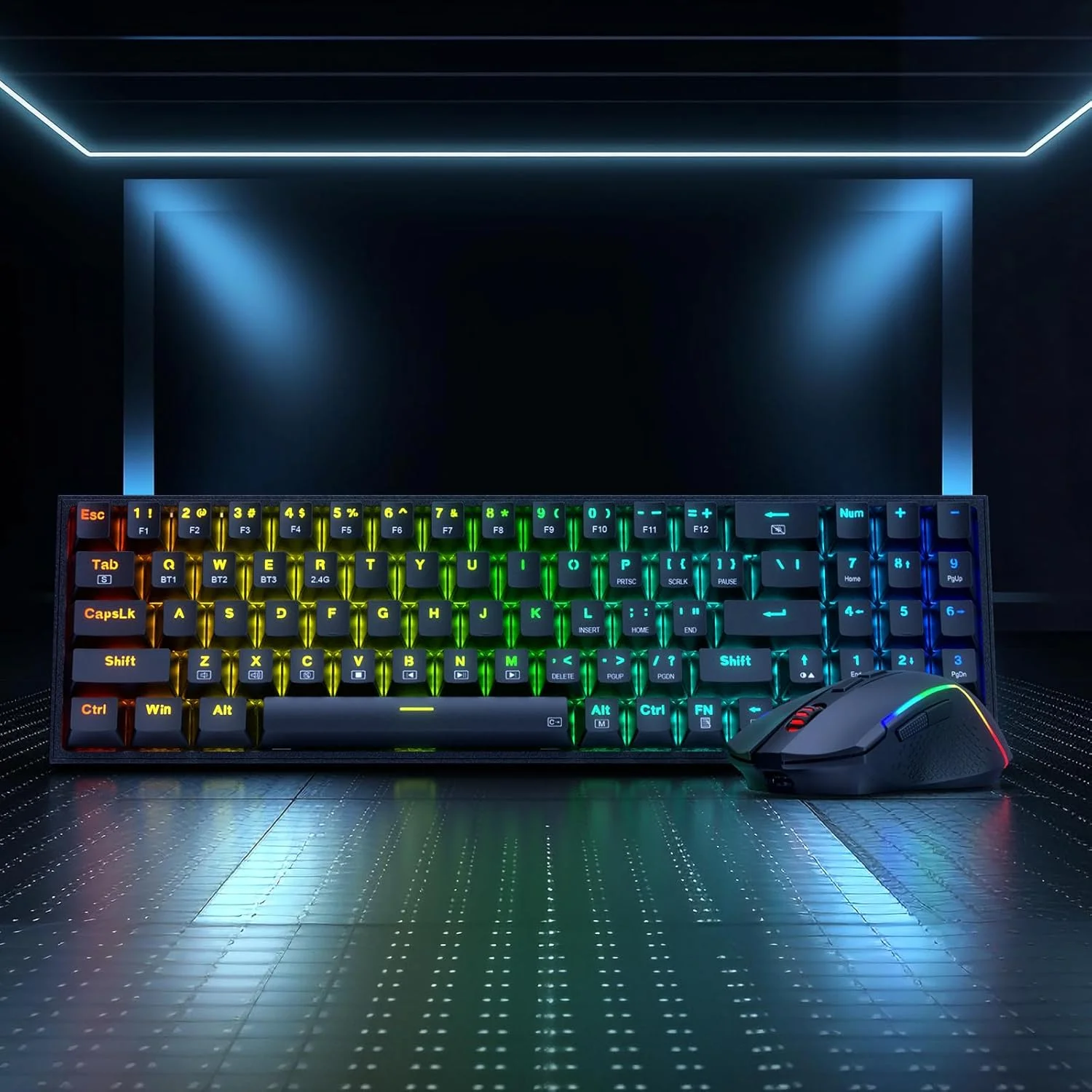 مجموعه کیبورد و ماوس گیمینگ رِدراگون S136، کیبورد مکانیکی RGB بی‌سیم سه‌حالته 75% K628 و ماوس گیمینگ بی‌سیم 7200 DPI، دانگل مشترک