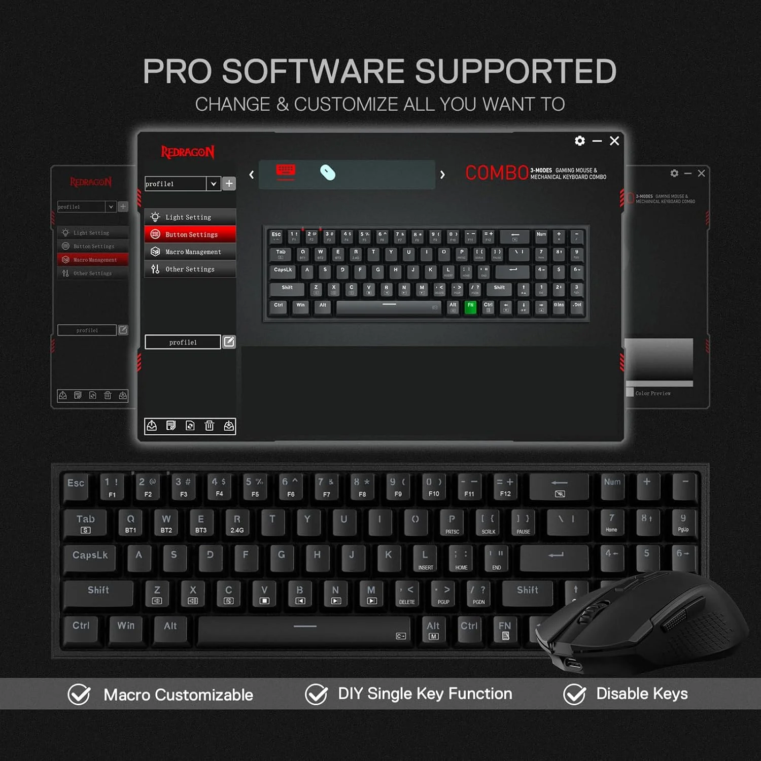 مجموعه کیبورد و ماوس گیمینگ رِدراگون S136، کیبورد مکانیکی RGB بی‌سیم سه‌حالته 75% K628 و ماوس گیمینگ بی‌سیم 7200 DPI، دانگل مشترک