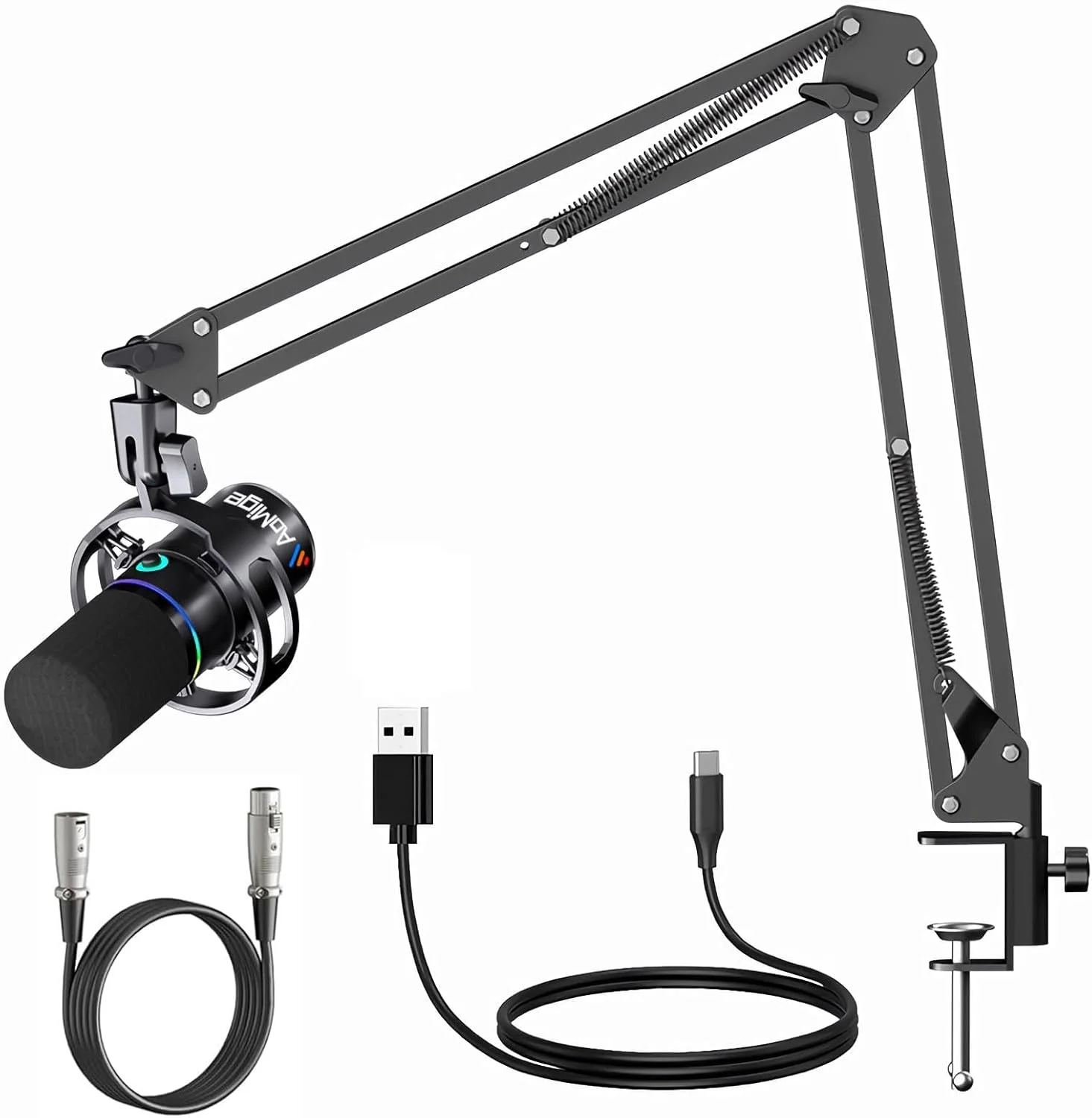 مجموعه میکروفون دینامیک، میکروفون گیمینگ XLR/USB، میکروفون پادکست RGB با دکمه قطع صدا، جک هدفون، پایه بازویی بوم، میکروفون کندانسور حذف نویز برای استریم، پادکست، بازی، صداگذاری، ضبط