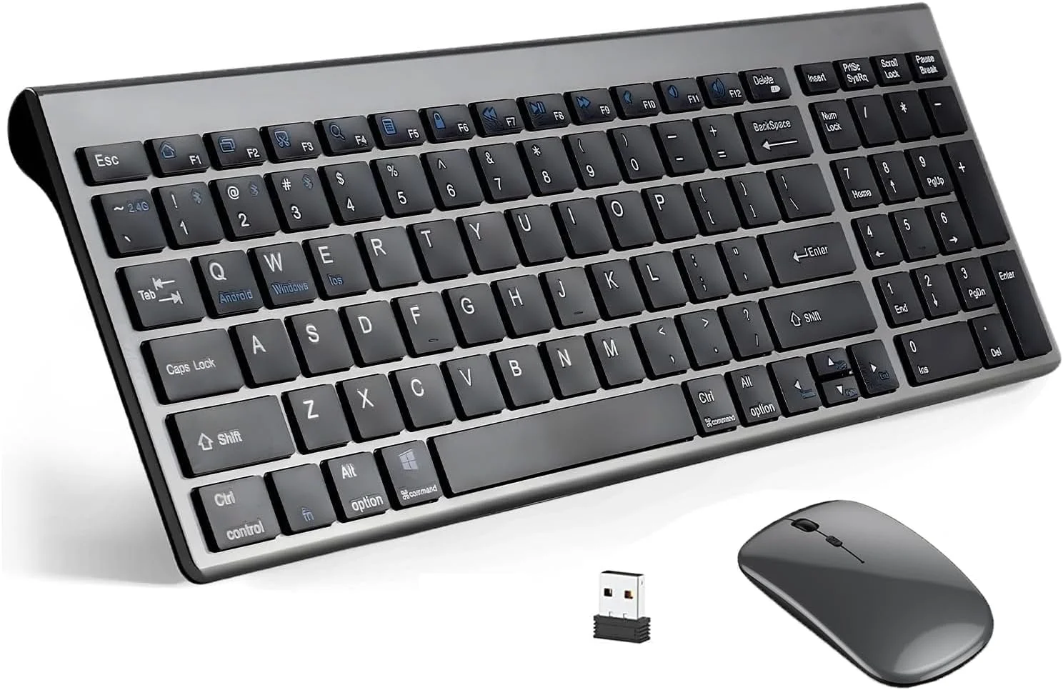 ست کیبورد و ماوس بی‌سیم، قابل شارژ، دو حالته (بلوتوث + 2.4G)، ارگونومیک، شارژ Type-C، مناسب برای مک/ویندوز - خاکستری مشکی