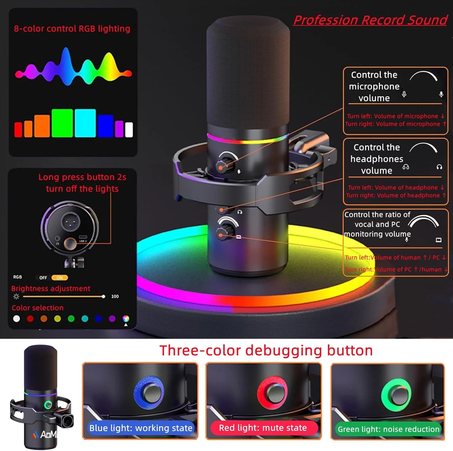 مجموعه میکروفون دینامیک، میکروفون گیمینگ XLR/USB، میکروفون پادکست RGB با دکمه قطع صدا، جک هدفون، پایه بازویی بوم، میکروفون کندانسور حذف نویز برای استریم، پادکست، بازی، صداگذاری، ضبط مجموعه میکروفون دینامیک، میکروفون گیمینگ XLR/USB، میکروفون پادکست RGB با دکمه قطع صدا، جک هدفون، پایه بازویی بوم، میکروفون کندانسور حذف نویز برای استریم، پادکست، بازی، صداگذاری، ضبط