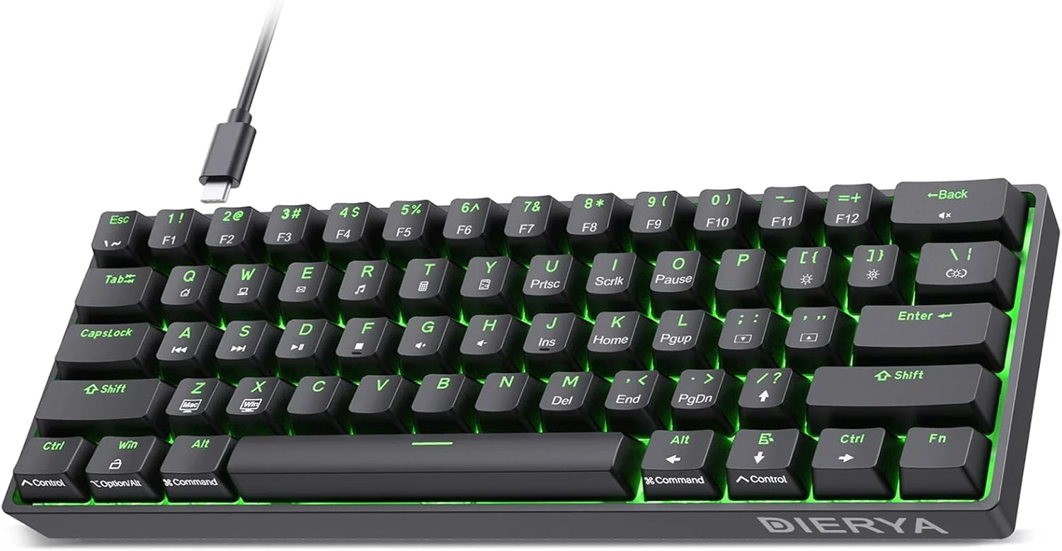 کیبورد گیمینگ مکانیکی 60% DIERYA DK61SE، 61 کلید Anti-Ghosting، نور پس زمینه LED، کیبورد مینی سیمی فوق العاده جمع و جور با سوئیچ آبی کلیکی برای گیمر تایپیست کامپیوتر لپ تاپ ویندوز (مشکی)