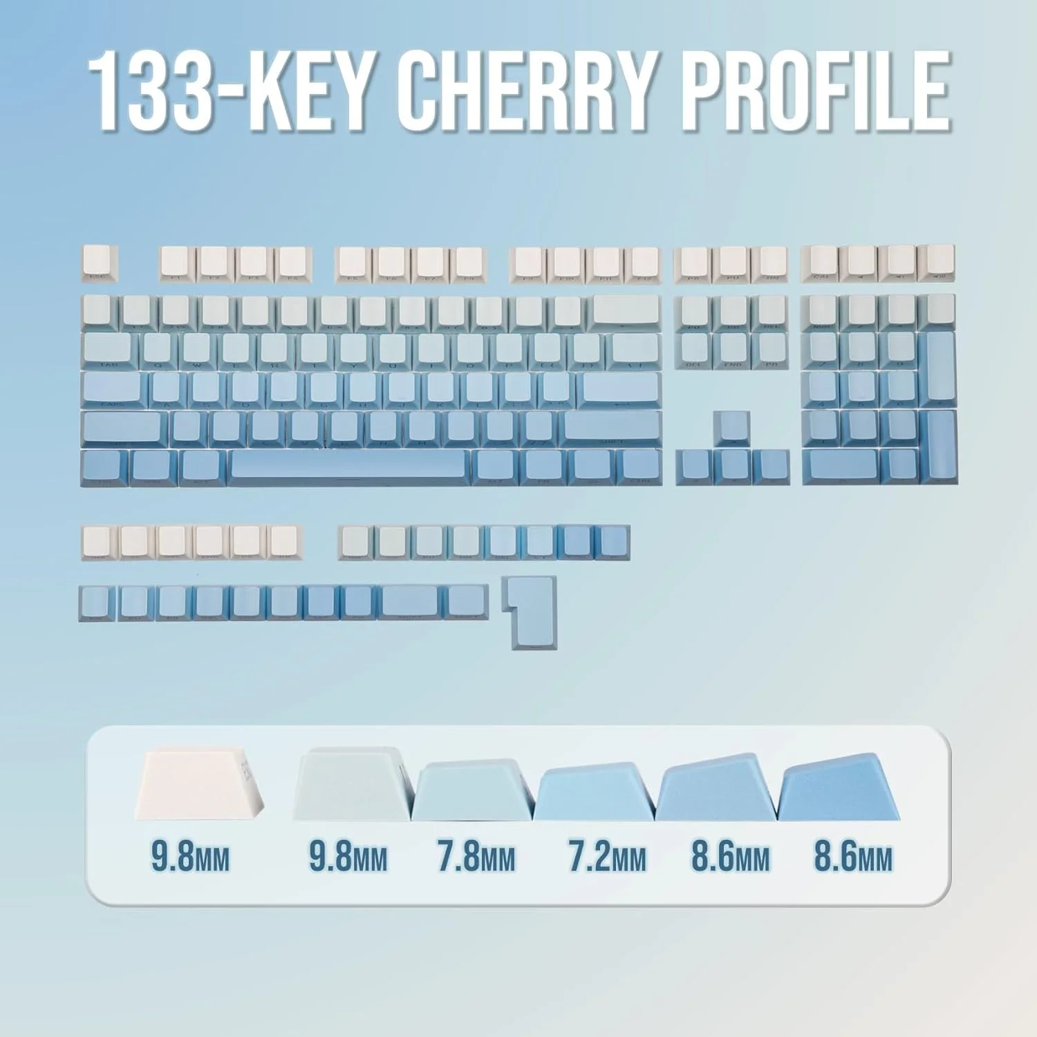 ست ۱۳۳ عددی کلیدهای کیبورد گیمینگ EPOMAKER، پروفایل Cherry، چاپ جانبی و نورگذر، جنس PBT دابل شات برای کیبوردهای مکانیکی با طرح‌بندی ANSI (آبی آسمانی، پروفایل Cherry)