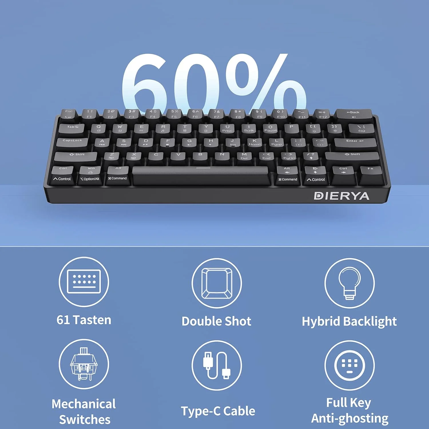 کیبورد گیمینگ مکانیکی 60% DIERYA DK61SE، 61 کلید Anti-Ghosting، نور پس زمینه LED، کیبورد مینی سیمی فوق العاده جمع و جور با سوئیچ آبی کلیکی برای گیمر تایپیست کامپیوتر لپ تاپ ویندوز (مشکی) کیبورد گیمینگ مکانیکی 60% DIERYA DK61SE، 61 کلید Anti-Ghosting، نور پس زمینه LED، کیبورد مینی سیمی فوق العاده جمع و جور با سوئیچ آبی کلیکی برای گیمر تایپیست کامپیوتر لپ تاپ ویندوز (مشکی)