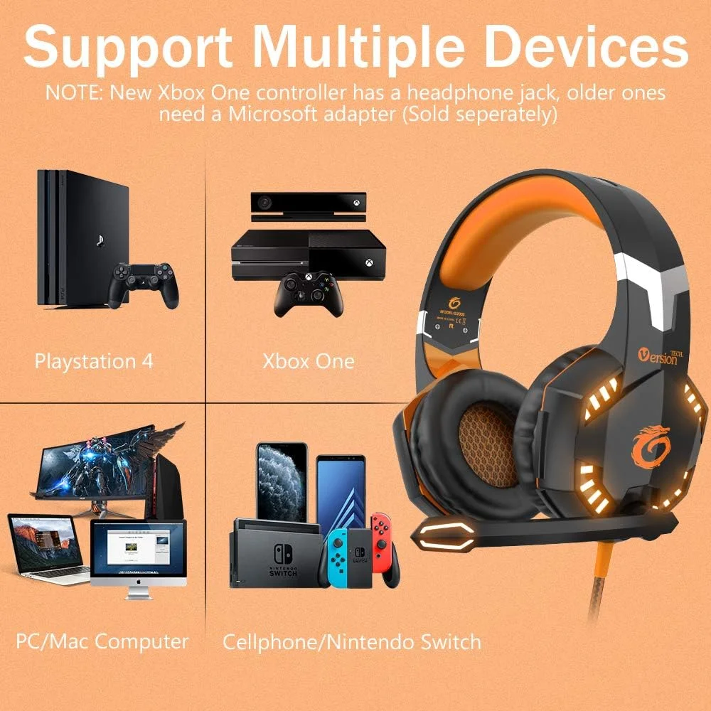 هدست گیمینگ استریو eWINNER G2000 برای ایکس باکس وان PS4 PC، هدفون دور گوشی با صدای فراگیر و میکروفون حذف نویز، چراغ های LED، کنترل صدا برای لپ تاپ مک PS3 آیپد نینتندو سوییچ - نارنجی هدست گیمینگ استریو eWINNER G2000 برای ایکس باکس وان PS4 PC، هدفون دور گوشی با صدای فراگیر و میکروفون حذف نویز، چراغ های LED، کنترل صدا برای لپ تاپ مک PS3 آیپد نینتندو سوییچ - نارنجی