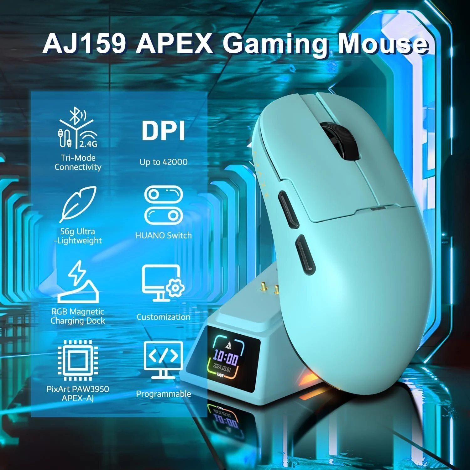 موس گیمینگ بیسیم فوق سبک A.JAZZ AJ159APEX 8Khz با وزن 56 گرم، داک شارژ مغناطیسی با صفحه نمایش، سنسور PAW3950 با دقت 42000DPI، سه حالت اتصال BT/2.4Ghz/Type-c، قابل برنامهریزی برای گیمرهای Esport FPS PC Mac (آبی) موس گیمینگ بیسیم فوق سبک A.JAZZ AJ159APEX 8Khz با وزن 56 گرم، داک شارژ مغناطیسی با صفحه نمایش، سنسور PAW3950 با دقت 42000DPI، سه حالت اتصال BT/2.4Ghz/Type-c، قابل برنامهریزی برای گیمرهای Esport FPS PC Mac (آبی)