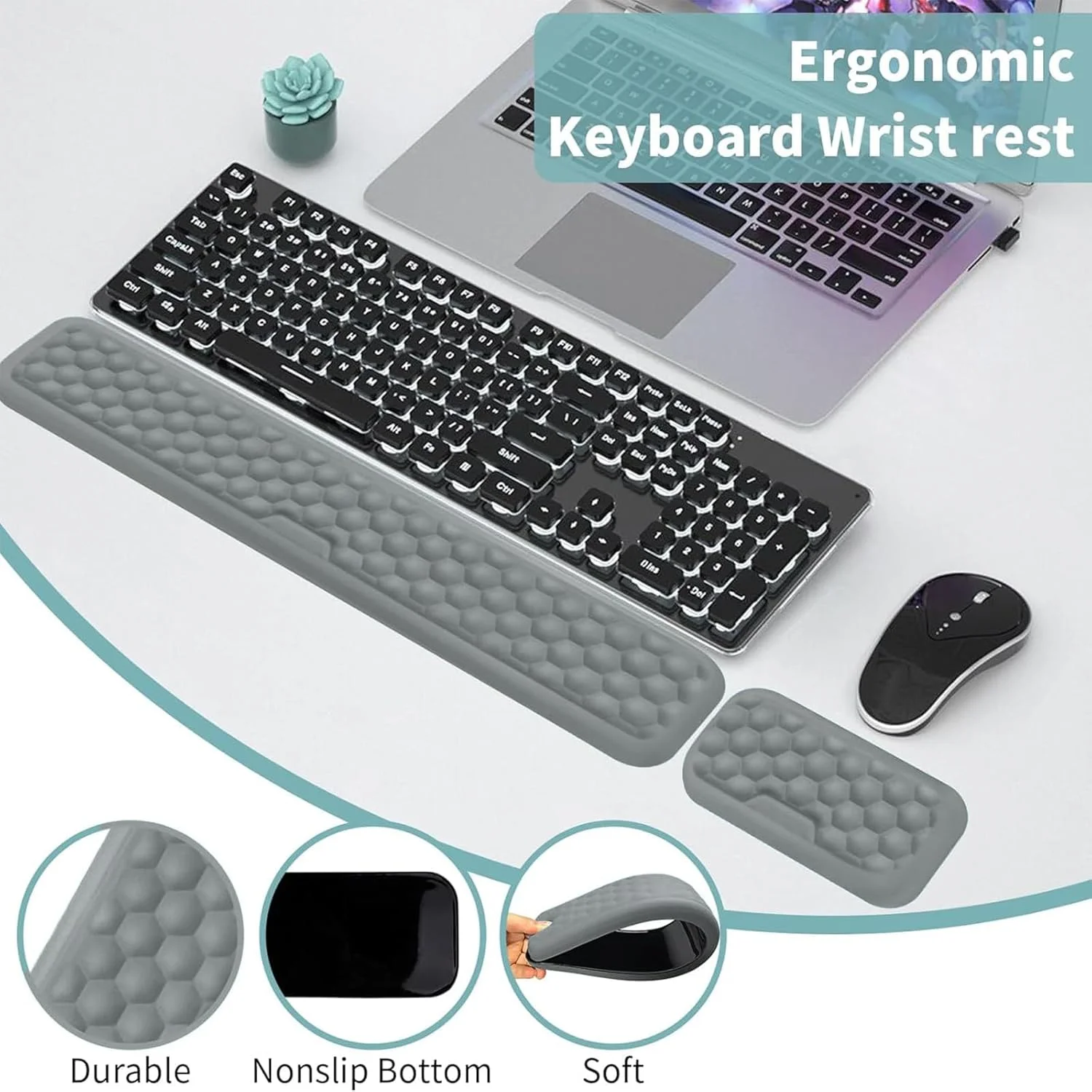ست پد استراحت مچ دست Bukela، پد ماوس ارگونومیک و ست استراحت مچ دست کیبورد برای تسکین درد و تایپ آسان، پشتیبانی مچ دست کیبورد برای کار/بازی/مطالعه (خاکستری)