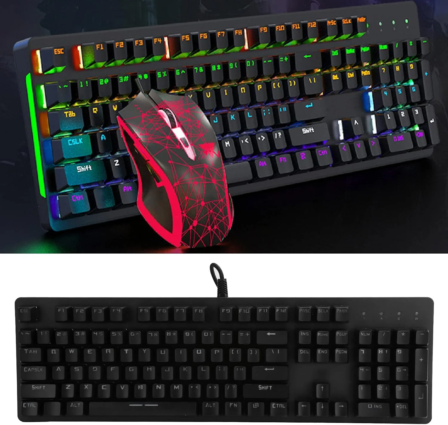 ست کیبورد و ماوس سیم دار، ست ترکیبی کیبورد و ماوس مکانیکی با 104 کلید، کیبورد و ماوس گیمینگ RGB سیم دار، طراحی ارگونومیک، شفت/سوئیچ مکانیکی