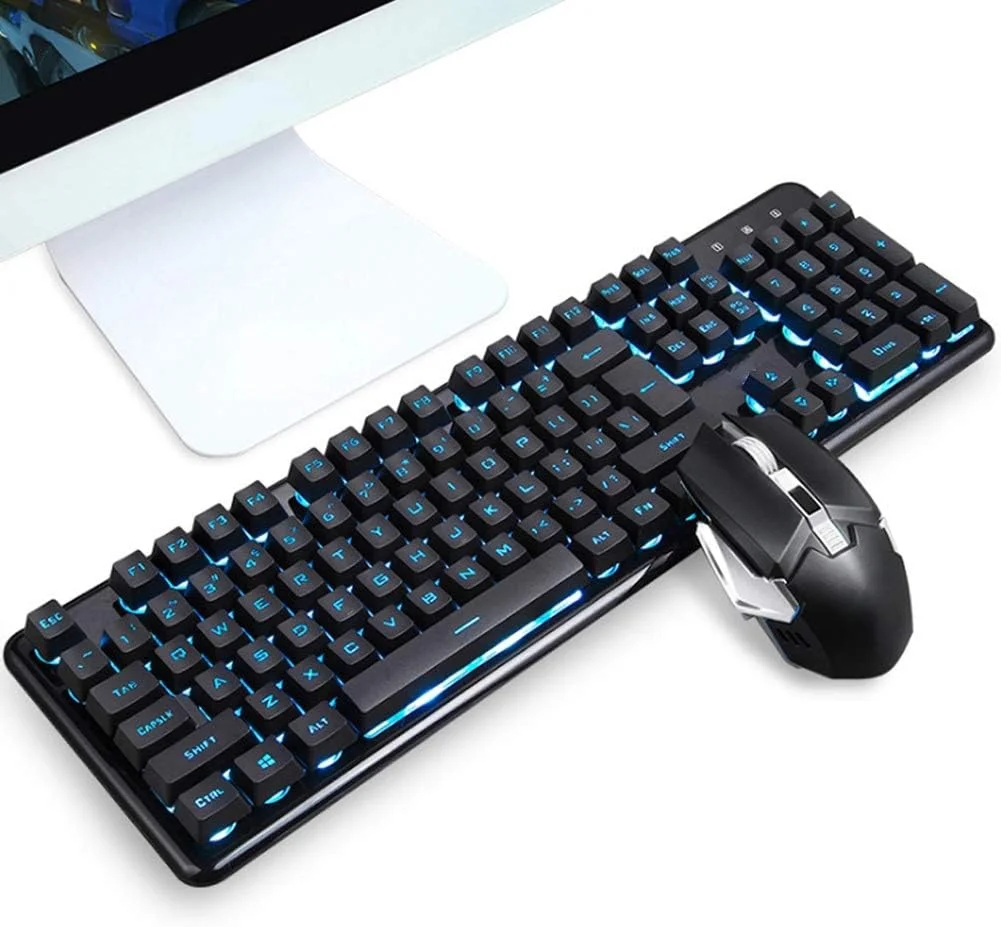 کیبورد بی سیم 620، کیبورد و ماوس گیمینگ با نورپردازی و شارژ بی سیم، 104 کلید USB (یخی آبی)