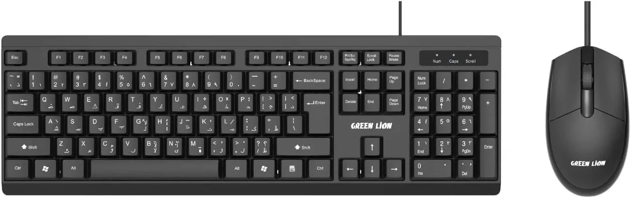 کیبورد و ماوس سیم دار Green Lion GKM-100، طول سیم 1.5 متر، رزولوشن ماوس 1000 DPI، طراحی ظریف، ساخت بادوام، سازگاری گسترده، پایه ضد لغزش - مشکی