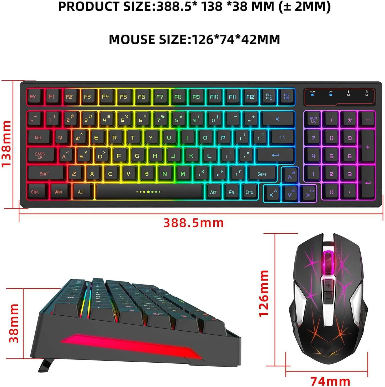 ست کیبورد و ماوس، ست کیبورد و ماوس بی‌سیم 2.4G با 96 کلید، کیبورد گیمینگ مکانیکی قابل شارژ با نور پس‌زمینه RGB و ماوس ارگونومیک برای ویندوز، اندروید و OS X