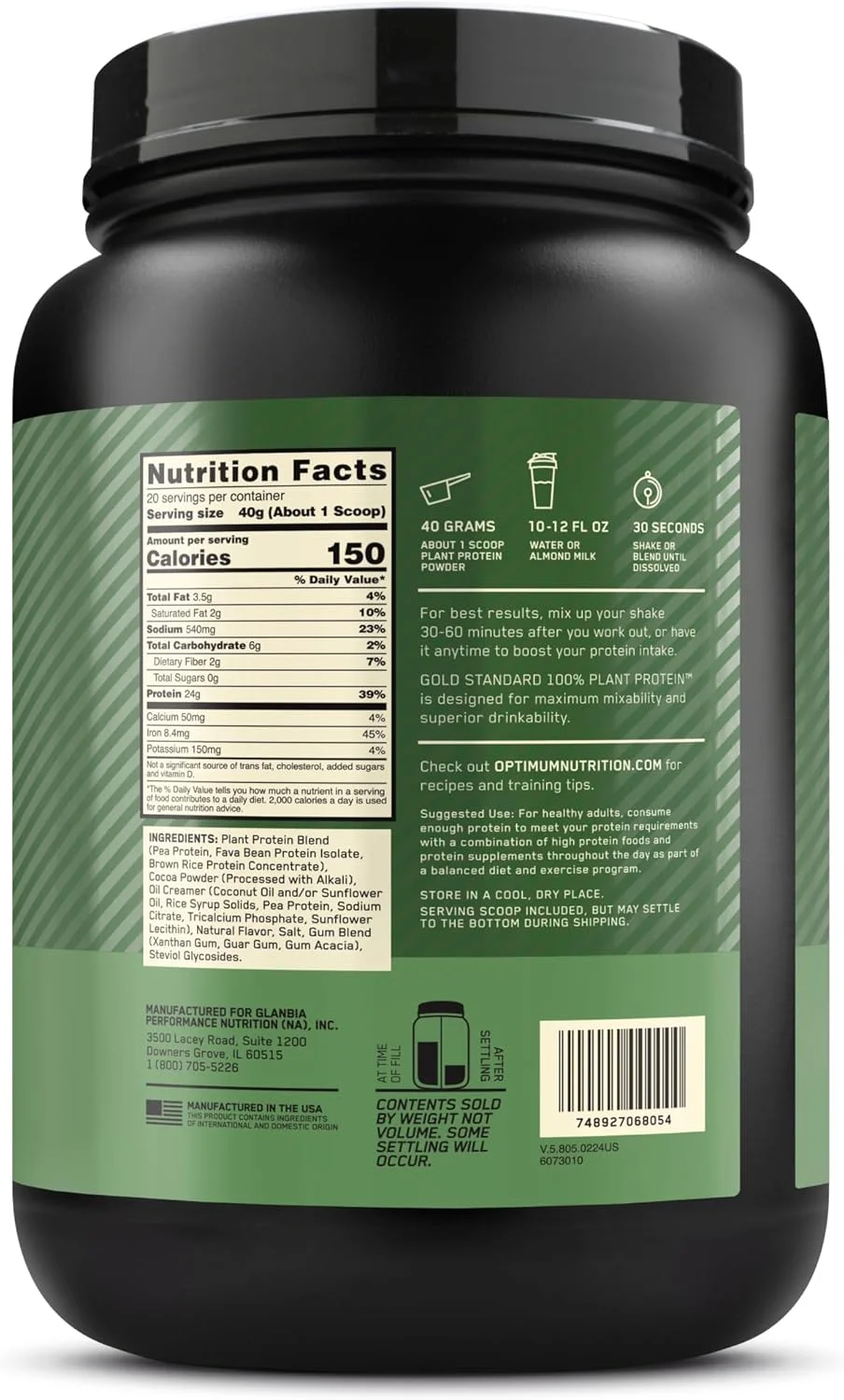 پودر پروتئین گیاهی گلد استاندارد 100% اپتیموم نوتریشن (ON)، بدون گلوتن، پروتئین وگان برای حمایت از عضله و ریکاوری با آمینو اسیدها - شکلات فاج ریچ، 800 گرم، 20 سروینگ