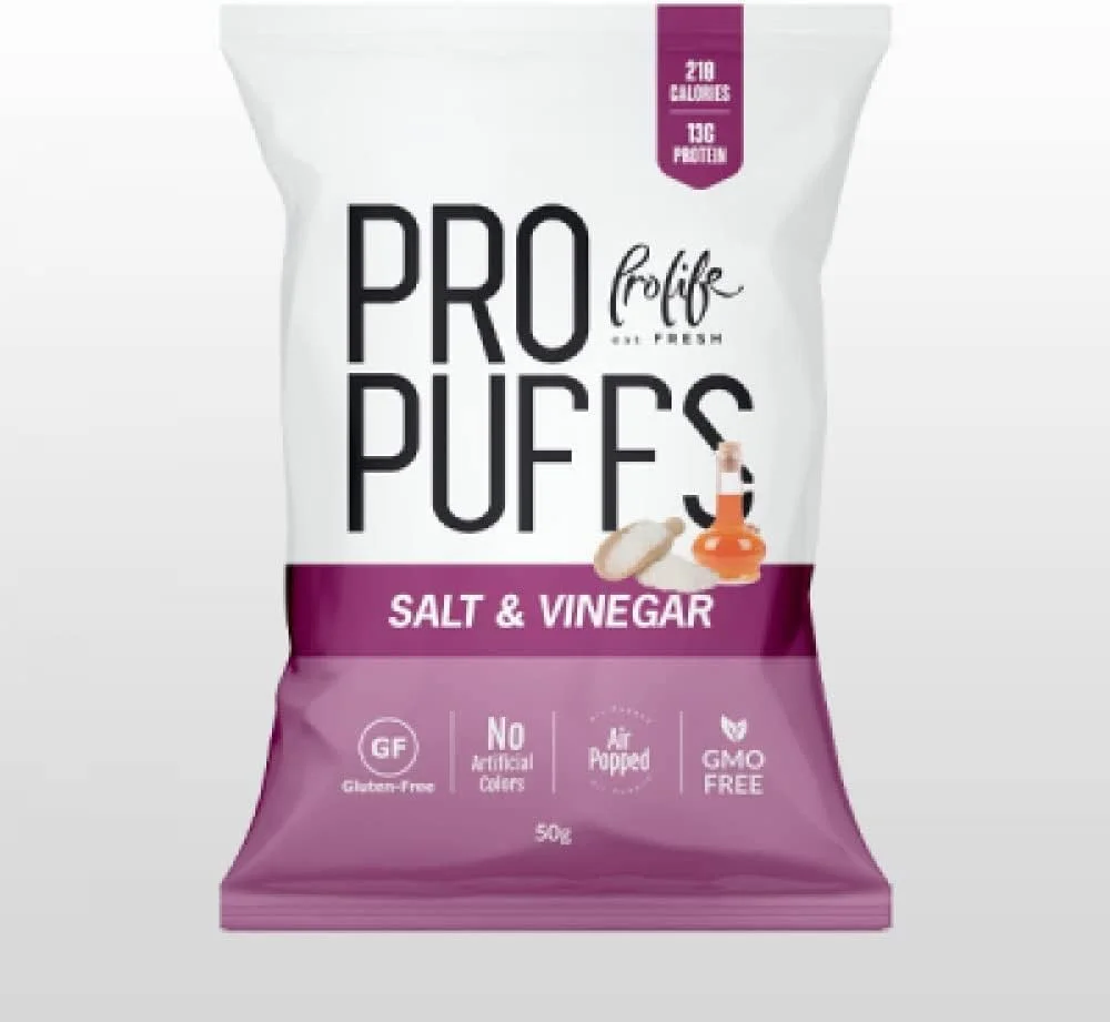 پفک پروتئینی Pro Life - طعم سرکه نمکی | 13 گرم پروتئین گیاهی | اسنک وگان سالم | بسته تک عددی 50 گرمی پفک پروتئینی Pro Life - طعم سرکه نمکی | 13 گرم پروتئین گیاهی | اسنک وگان سالم | بسته تک عددی 50 گرمی