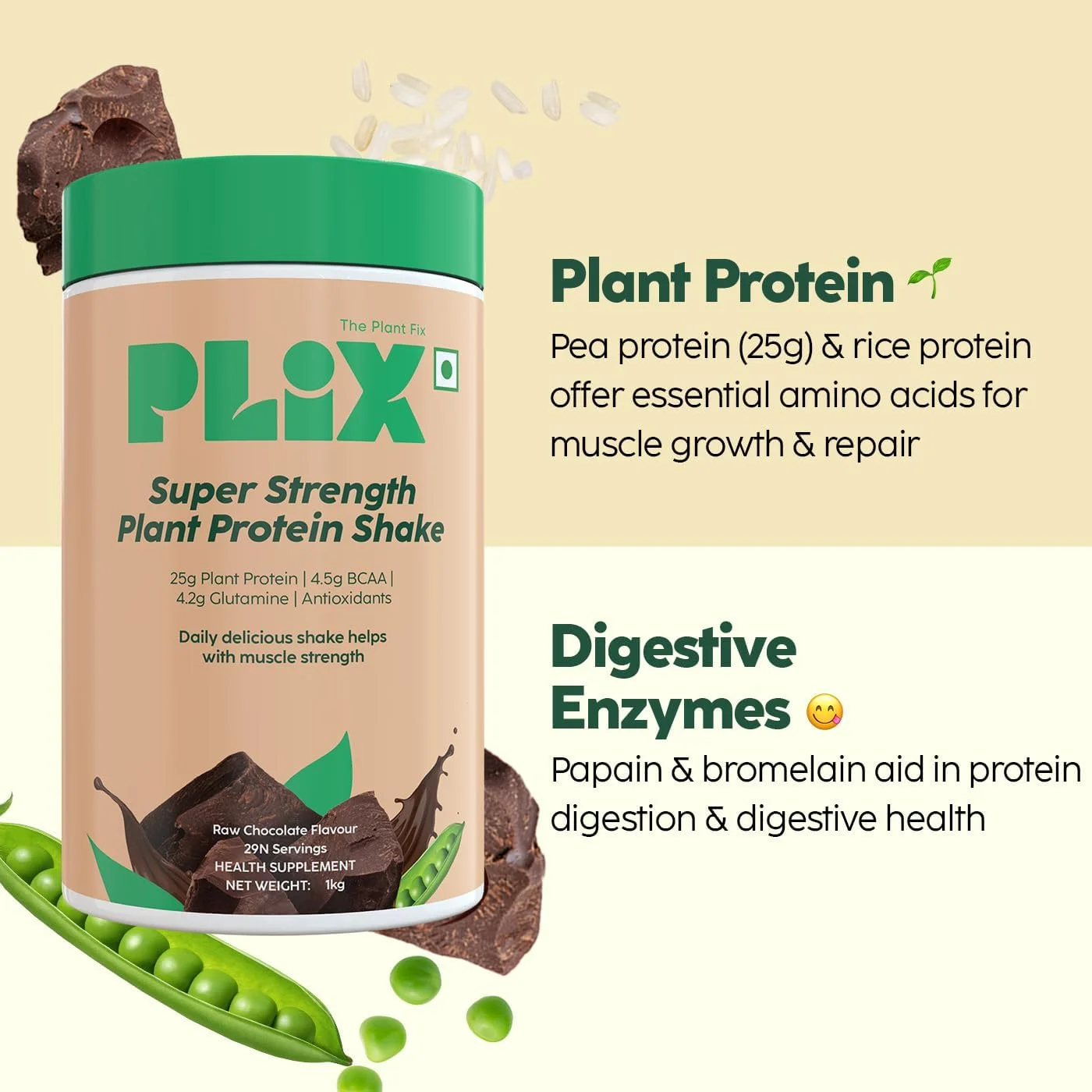 پودر پروتئین گیاهی وگان PLIX - THE PLANT FIX Strength - 1 کیلوگرم (شکلاتی)، پروتئین نخود فرنگی ایزوله و مخلوط برنج قهوه ای، 25 گرم پروتئین گیاهی، بدون شکر افزوده، بدون گلوتن پودر پروتئین گیاهی وگان PLIX - THE PLANT FIX Strength - 1 کیلوگرم (شکلاتی)، پروتئین نخود فرنگی ایزوله و مخلوط برنج قهوه ای، 25 گرم پروتئین گیاهی، بدون شکر افزوده، بدون گلوتن