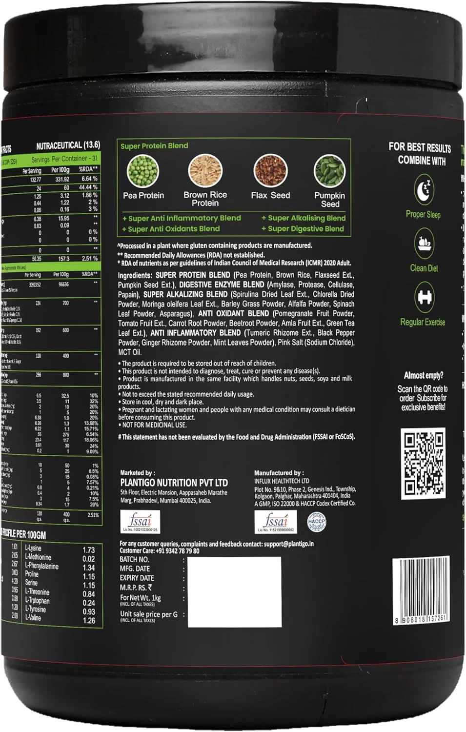 پودر پروتئین گیاهی پلنتیگو کلین | بدون مواد نگهدارنده | بدون مواد ممنوعه | ترکیب پروتئینی فوق العاده - نخود، برنج قهوه ای، کتان | 21 سوپرفود | پروتئین وگان برای مردان، زنان (بدون شیرین کننده، بدون طعم - 1 کیلوگرم) پودر پروتئین گیاهی پلنتیگو کلین | بدون مواد نگهدارنده | بدون مواد ممنوعه | ترکیب پروتئینی فوق العاده - نخود، برنج قهوه ای، کتان | 21 سوپرفود | پروتئین وگان برای مردان، زنان (بدون شیرین کننده، بدون طعم - 1 کیلوگرم)