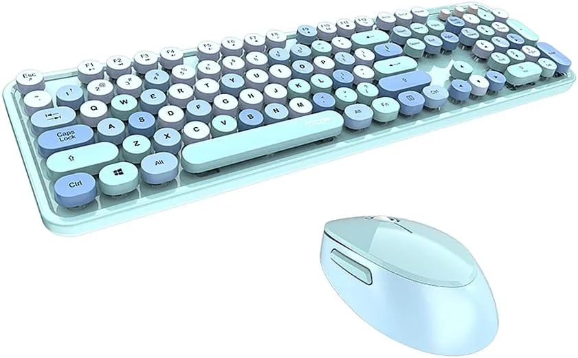 ست کیبورد و ماوس بی سیم Eacam با رنگ های ترکیبی، صفحه کلید 2.4G و دکمه های معلق دایره ای شکل برای لپ تاپ و کامپیوتر - آبی