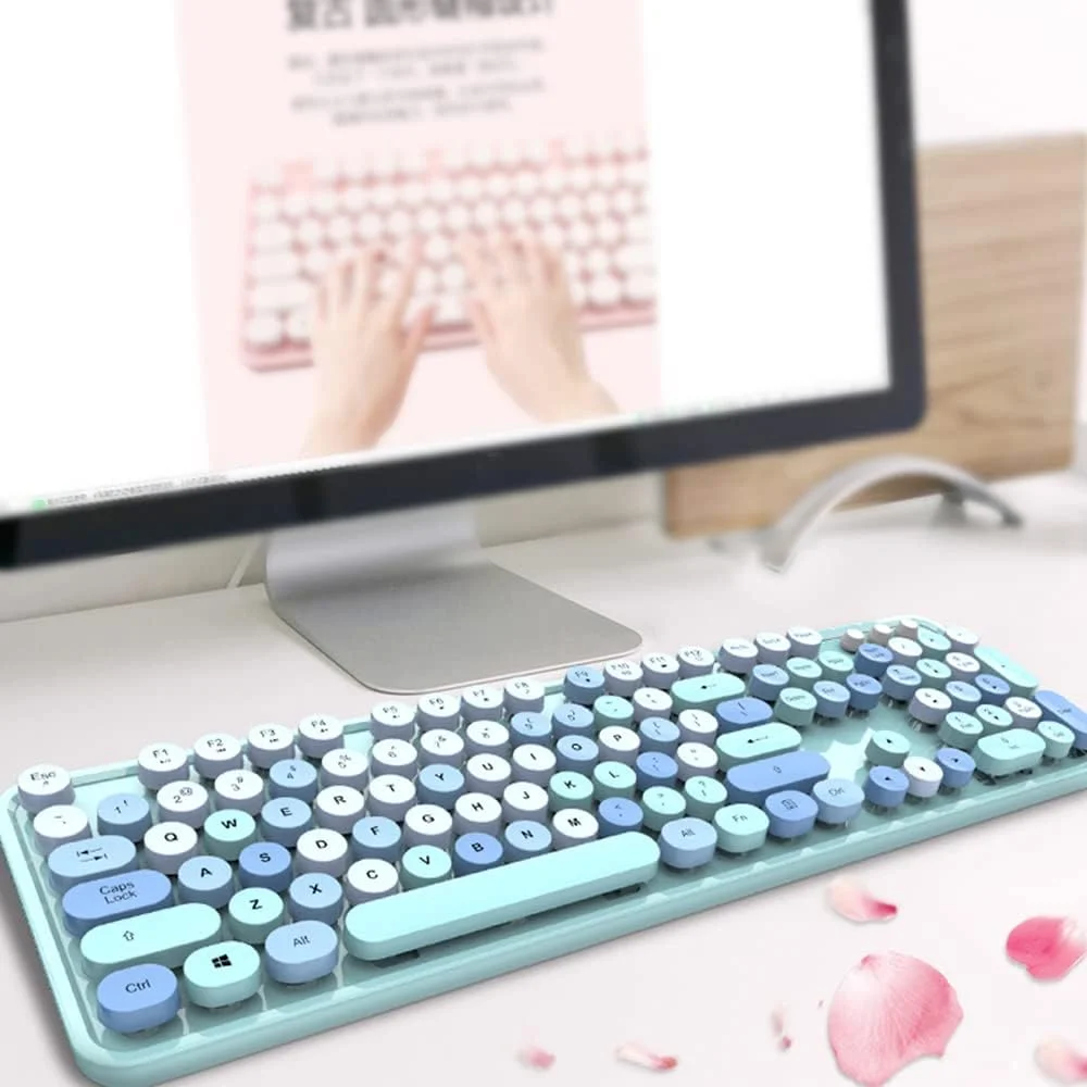 ست کیبورد و ماوس بی سیم Eacam با رنگ های ترکیبی، صفحه کلید 2.4G و دکمه های معلق دایره ای شکل برای لپ تاپ و کامپیوتر - آبی