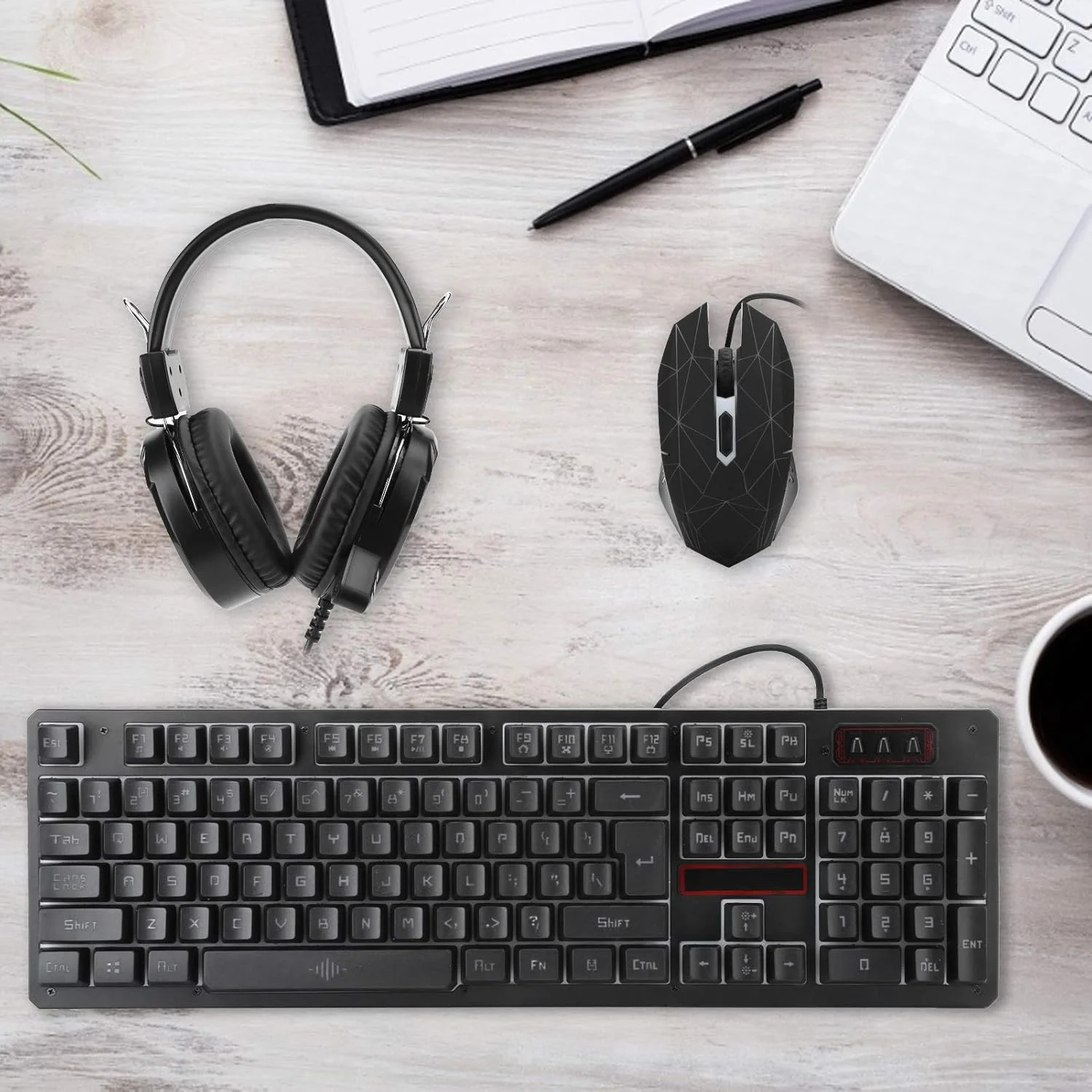 کیبورد، کیبورد و ماوس، ست کیبورد گیمینگ راحت مناسب استفاده کامپیوتر و لپ تاپ (مشکی (نور آبی یخی))