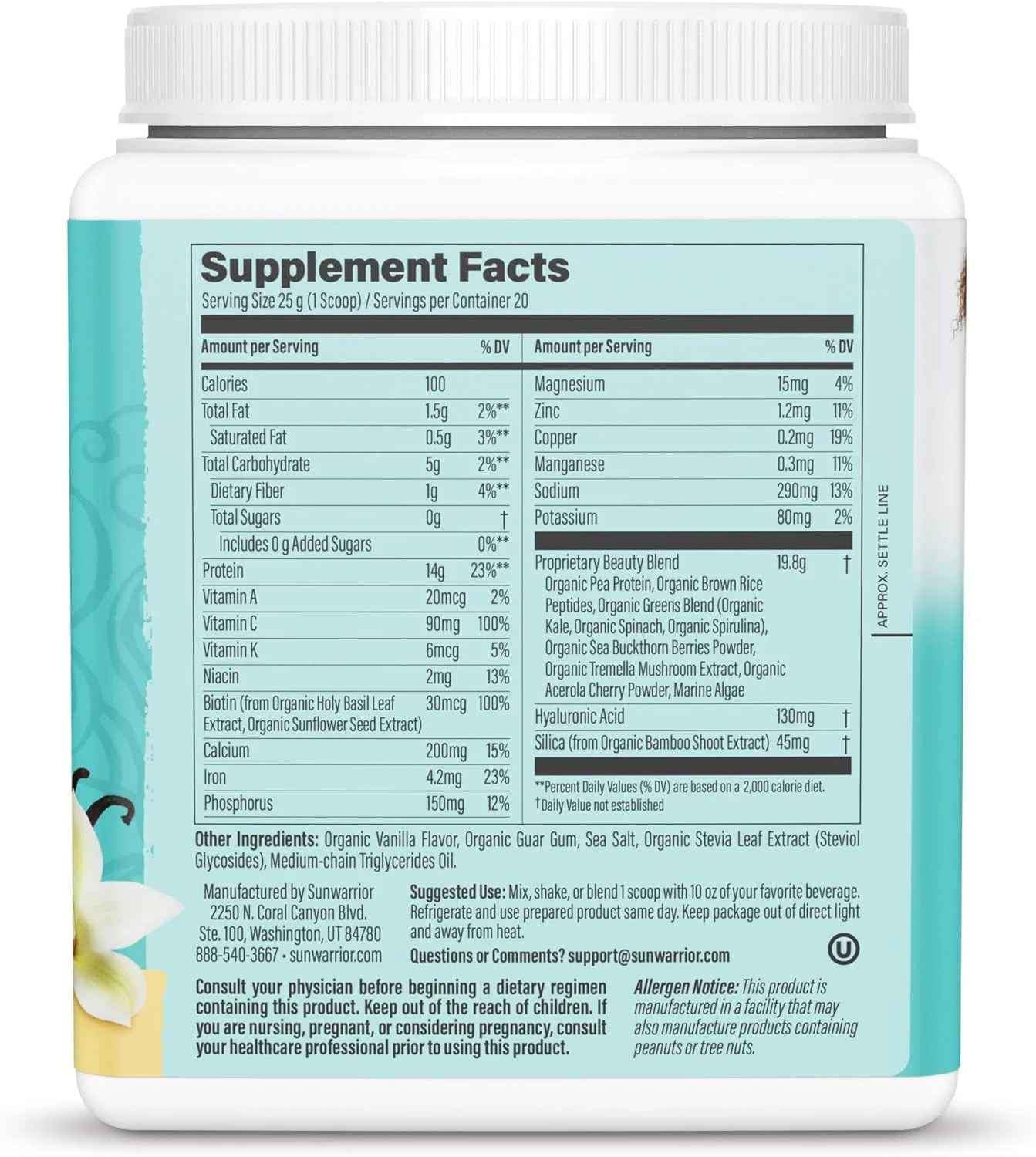 پودر پپتیدهای پروتئینی کلاژن ساز گیاهی سان واریر با طعم وانیل تاهیتی، حاوی اسید هیالورونیک و بیوتین برای حمایت از پوست، مو و ناخن. 1.1 پوند (500 گرم) پودر پپتیدهای پروتئینی کلاژن ساز گیاهی سان واریر با طعم وانیل تاهیتی، حاوی اسید هیالورونیک و بیوتین برای حمایت از پوست، مو و ناخن. 1.1 پوند (500 گرم)