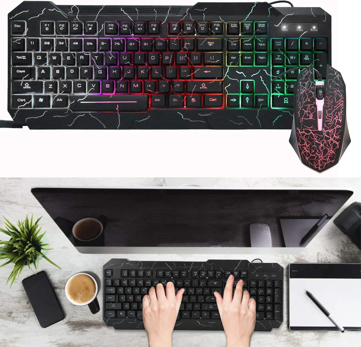 ست کیبورد و ماوس گیمینگ مکانیکی با نور پس زمینه، کیبوردهای سیمی و ماوس، مجموعه مکانیکی با حروف ترک خورده و نورپردازی شده، لوازم جانبی گیمینگ PC (D620 ترک خورده)