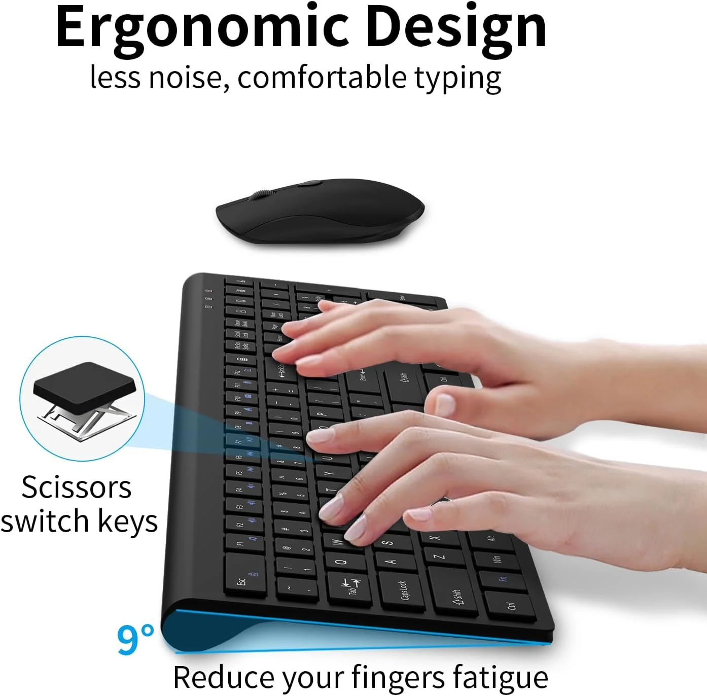 ست کیبورد و ماوس بی‌سیم، کیبورد کامپیوتر بی‌صدا با اندازه کامل و دکمه ماشین حساب، ماوس 2400 DPI با کلیک بی‌صدا، ست USB بی‌سیم باریک برای لپ تاپ PC ویندوز مک - مشکی