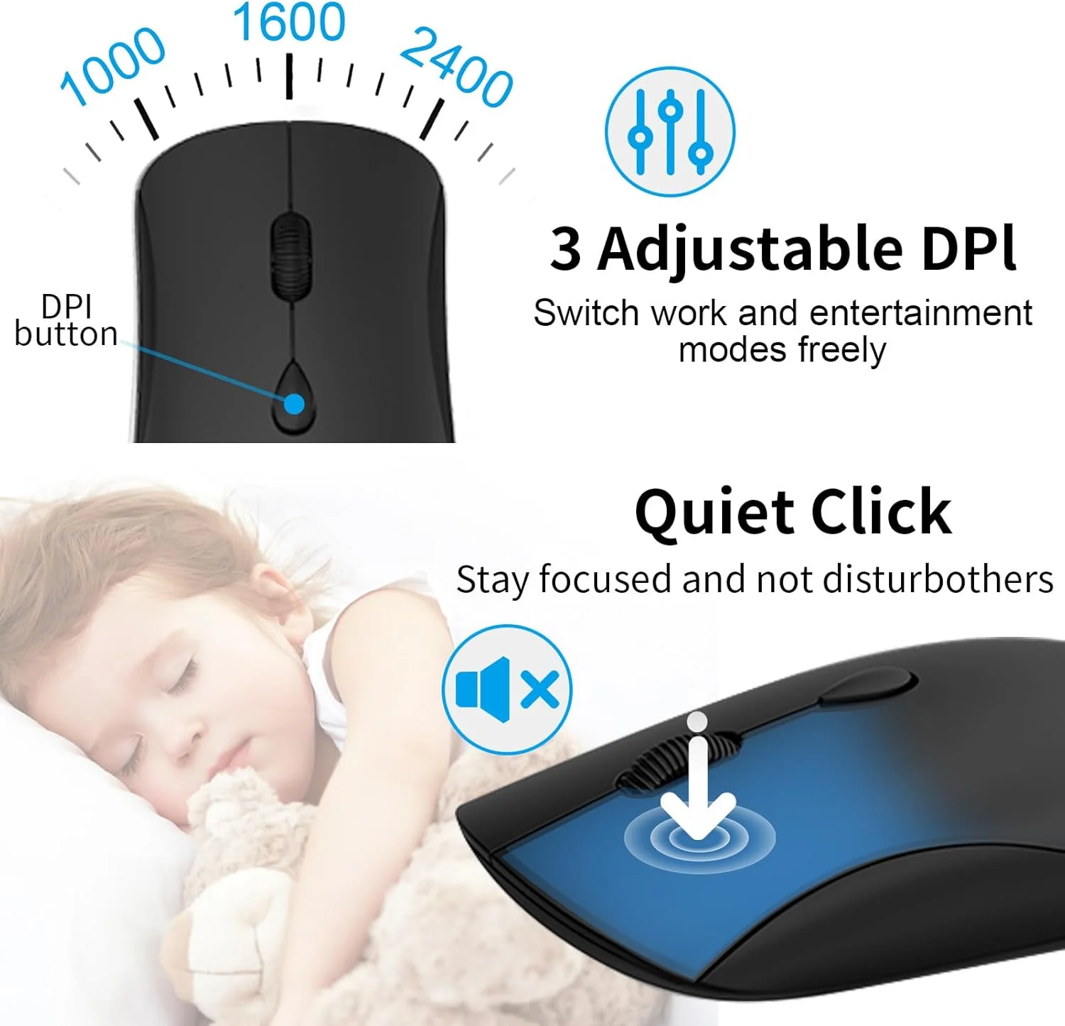 ست کیبورد و ماوس بی‌سیم، کیبورد کامپیوتر بی‌صدا با اندازه کامل و دکمه ماشین حساب، ماوس 2400 DPI با کلیک بی‌صدا، ست USB بی‌سیم باریک برای لپ تاپ PC ویندوز مک - مشکی