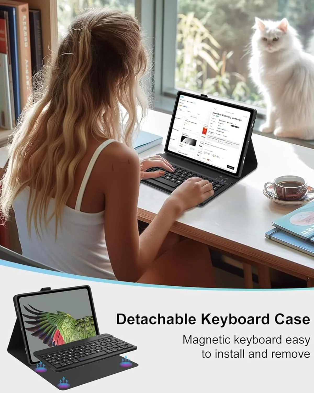 کیبورد و ماوس بی‌سیم مغناطیسی جداشدنی با جای قلم داخلی و کیف چرمی برای هوآوی MatePad SE (2024) 11 اینچ (بنفش، تاچ پد)