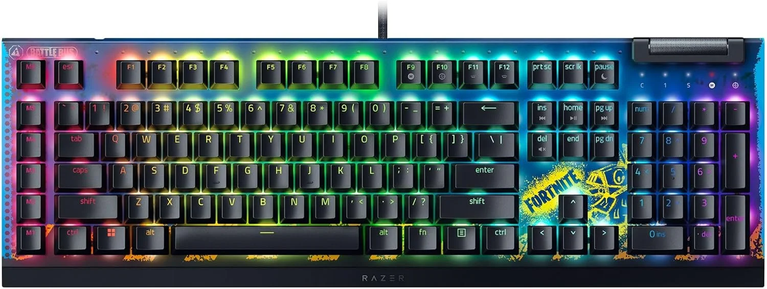 کیبورد گیمینگ مکانیکی Razer BlackWidow V4 X: سوییچهای زرد خطی و بیصدا - 6 کلید ماکرو - Chroma RGB - کلیدهای ABS دابل شات - عایق صدا و تثبیتکنندهها - نسخه Fortnite کیبورد گیمینگ مکانیکی Razer BlackWidow V4 X: سوییچهای زرد خطی و بیصدا - 6 کلید ماکرو - Chroma RGB - کلیدهای ABS دابل شات - عایق صدا و تثبیتکنندهها - نسخه Fortnite