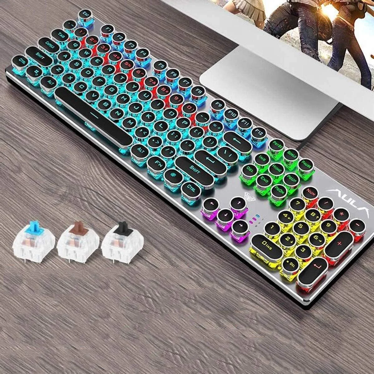 کیبورد مکانیکی Rheng، کیبورد و ماوس گیمینگ اداری کامپیوتر رومیزی لپ تاپ با نور پس زمینه RGB سطح پایه، کیبورد 104 کلید مشکی و سفید، محور کلید مشکی/قهوه ای/آبی، رابط USB