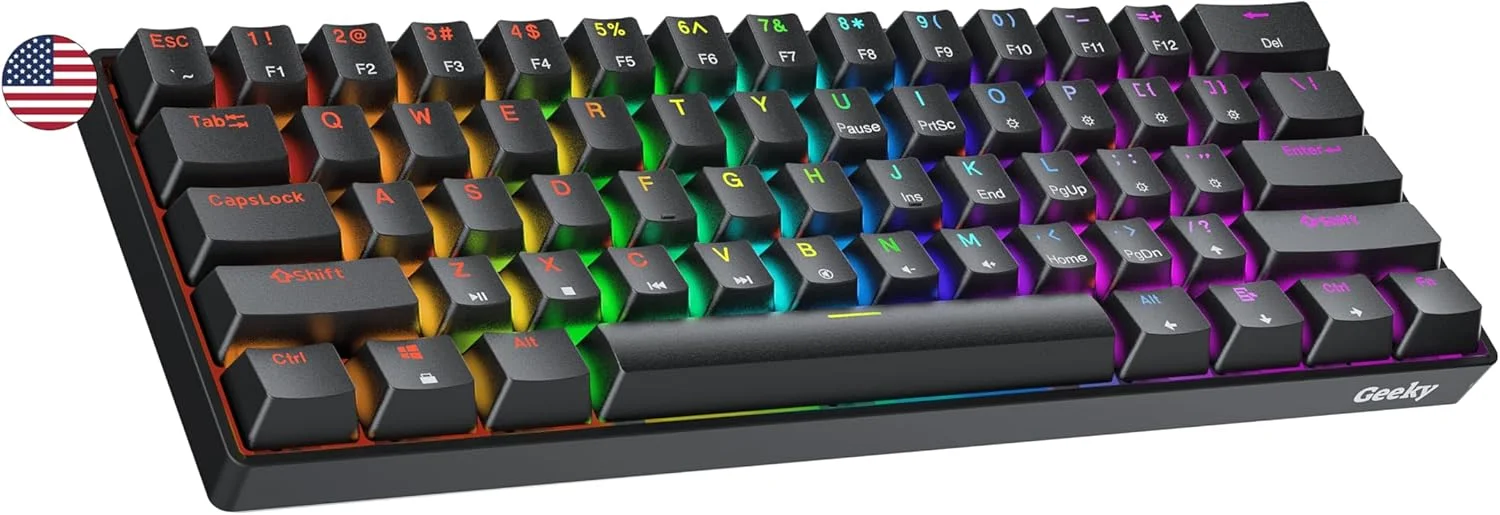 کیبورد گیمینگ مکانیکی 60% Geeky GK61 SE، دارای 61 کلید با نور پس زمینه RGB چند رنگ برای گیمرهای PC/Mac، طرح بندی ANSI US American (مشکی، قهوه ای مکانیکی) کیبورد گیمینگ مکانیکی 60% Geeky GK61 SE، دارای 61 کلید با نور پس زمینه RGB چند رنگ برای گیمرهای PC/Mac، طرح بندی ANSI US American (مشکی، قهوه ای مکانیکی)