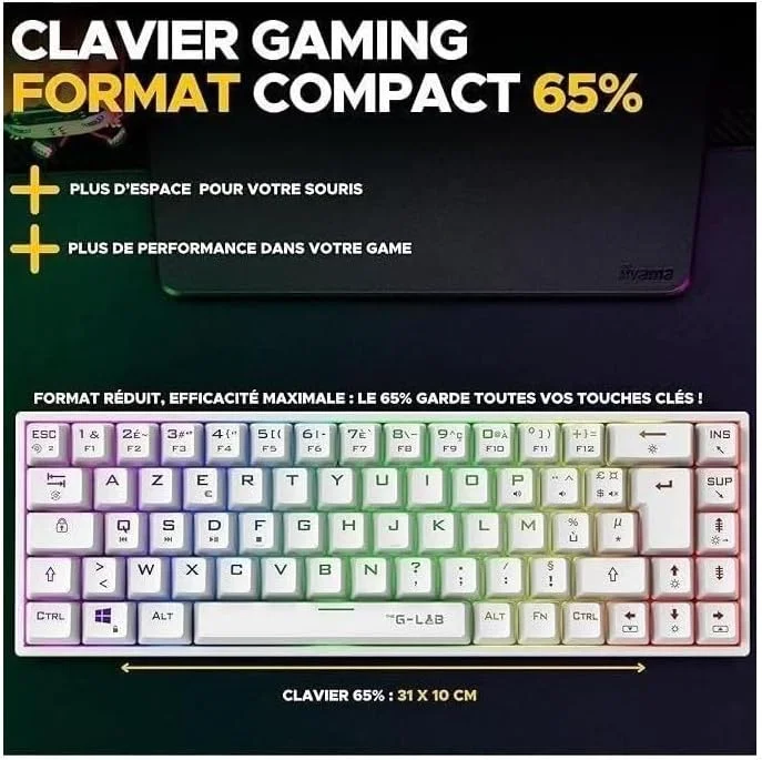 کیبورد گیمینگ بی‌سیم 65% AZERTY مدل G-Lab - Keyz Titanium WL - کلیدهای مکانیکی قرمز، RGB 100% قابل تنظیم، ماکروهای قابل برنامه‌ریزی - بی‌سیم برای PC، PS4، PS5، Xbox - سفید