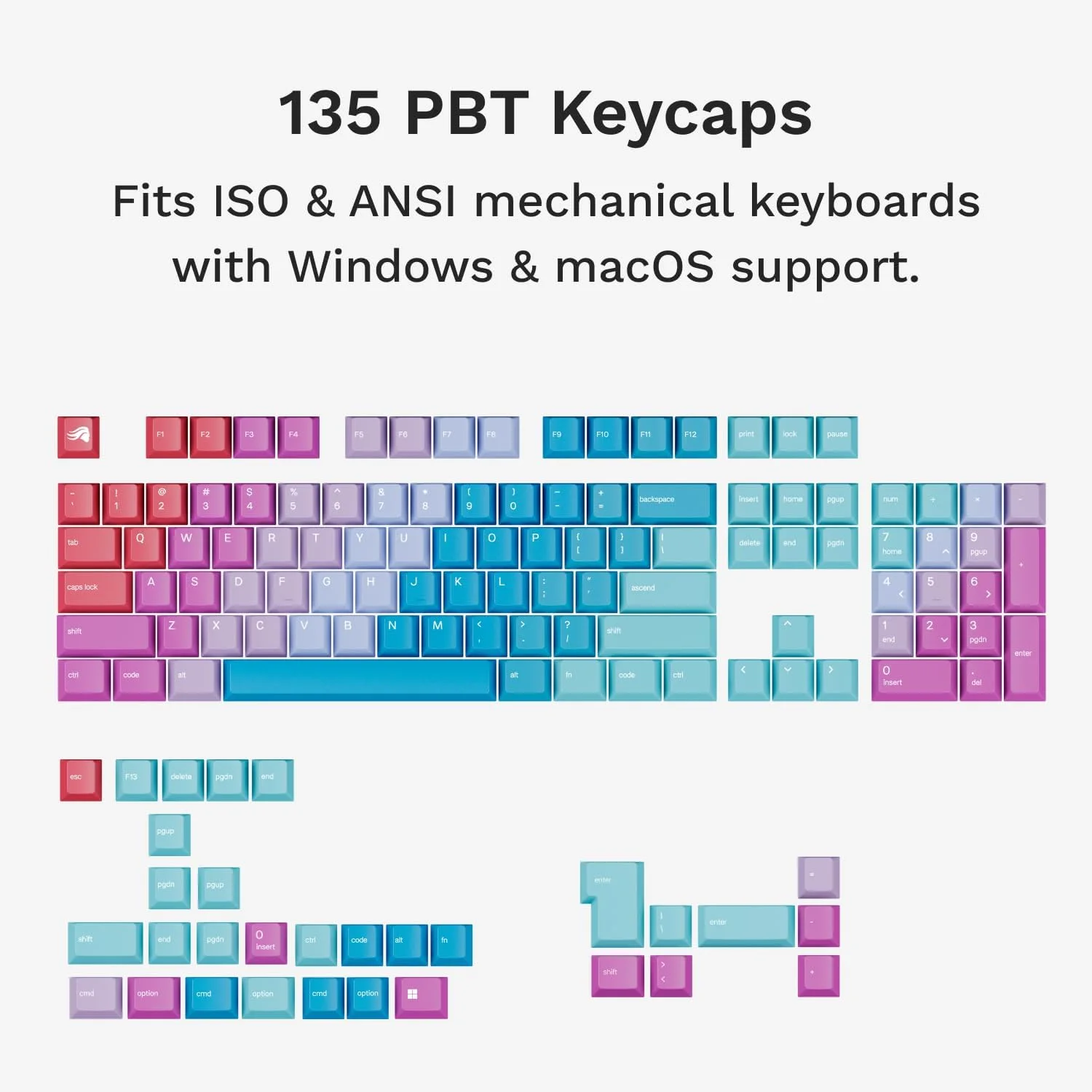 ست کیکپ های گرادینت Glorious Gaming Daydream GPBT، شامل 135 کلید PBT، سازگار با MX، طرح بندی ANSI/ISO، برای کیبوردهای مکانیکی در اندازه های 60%، 65%، 75%، TKL و 100%، US QWERTY