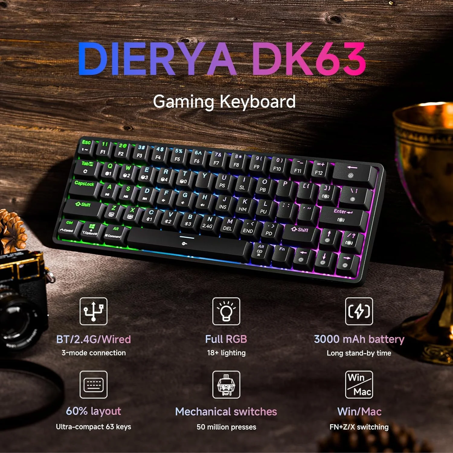 کیبورد گیمینگ مکانیکی بی سیم 60% DIERYA DK63 با نور پس زمینه RGB، بلوتوث/2.4G/سیمی، ضد شبح، جمع و جور 63 کلید، مینی کیبورد با سوئیچ قرمز برای لپ تاپ و کامپیوتر گیمر و تایپیست - مشکی