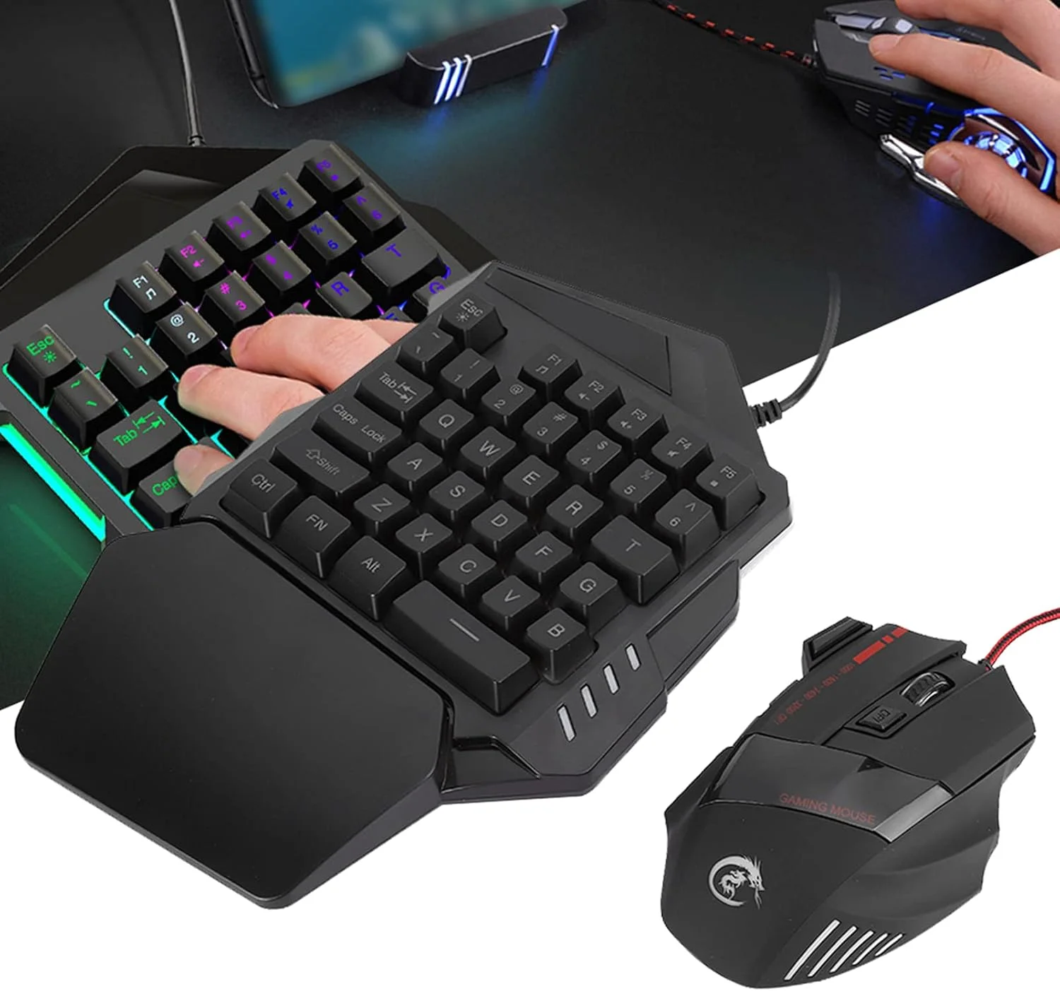 ست کیبورد و ماوس با 5 DPI قابل تنظیم، کیبورد گیمینگ یک دستی، پشتیبانی از نور پس زمینه LED رنگی، استفاده آسان برای بازی