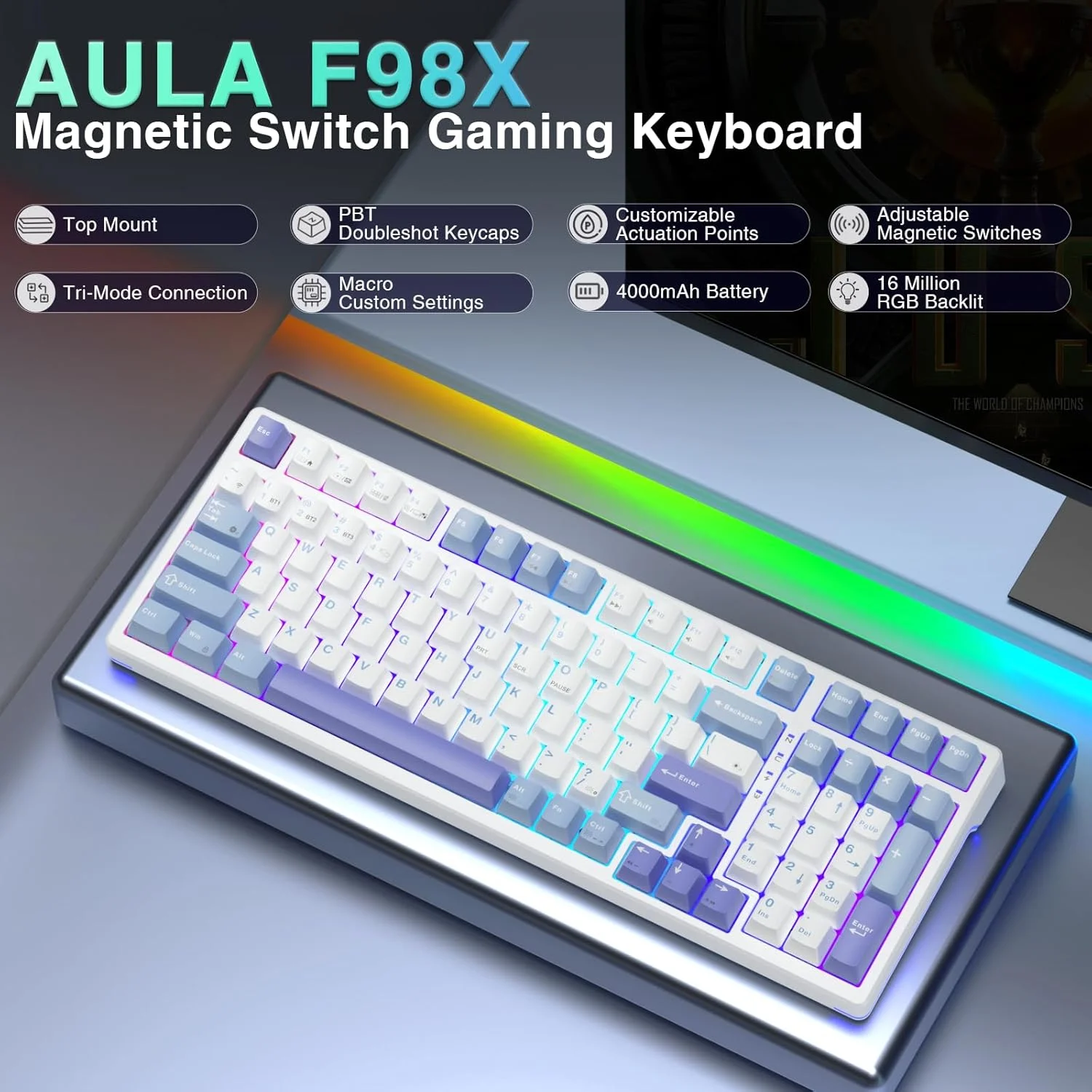 کیبورد گیمینگ مکانیکی بی سیم Aula F98X با سوئیچ مغناطیسی اثر هال Rapid Trigger، سه حالته BT5.0/2.4GHz/USB-C سیمی، نور پس زمینه RGB قابل تعویض Hot Swappable Top Mount برای کامپیوتر