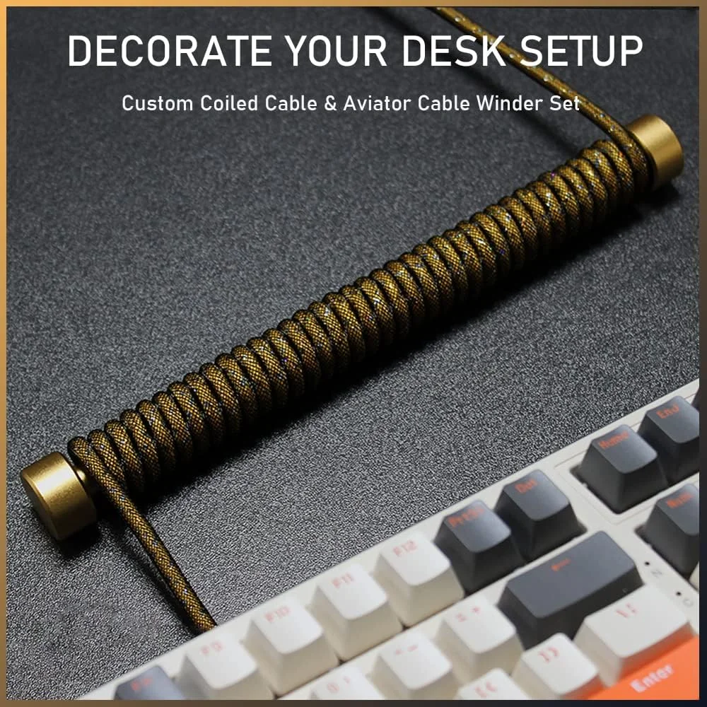 ست کابل صفحه کلید سفارشی فنری MAMBASNAKE C03 و سیم جمع کن کابل Aviator - میله وزنه فلزی ثابت کابل Aviator + کابل USB C بافته شده با Aviator طلای 24K برای صفحه کلید مکانیکی گیمینگ - طلایی