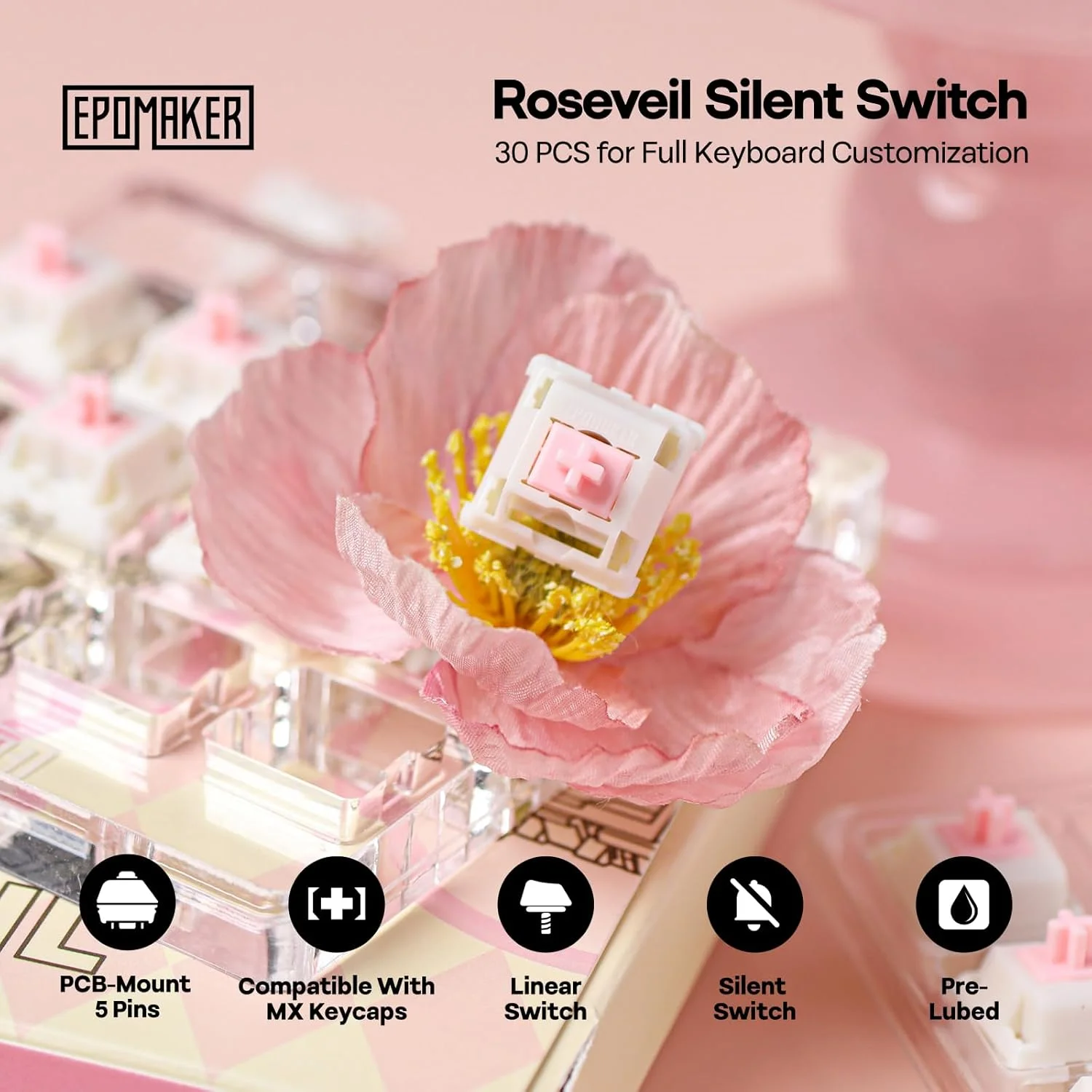 سوئیچ کیبورد سایلنت EPOMAKER Roseveil برای کیبوردهای گیمینگ مکانیکی، 30 عدد، 5 پین، 32gf، از قبل روغن کاری شده، خطی سایلنت، بدنه PC، استم LY، سازگار با کلیدهای MX (Roseveil Silent)