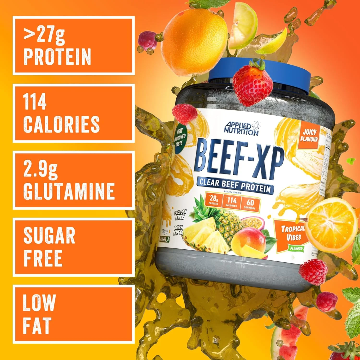 پروتئین ایزوله گوشت گاو هیدرولیز شده Applied Nutrition Beef XP - سبک آب میوه، بدون لبنیات، بدون لاکتوز، بدون شکر، کم چرب، 1.8 کیلوگرم (Tropical Vibes) پروتئین ایزوله گوشت گاو هیدرولیز شده Applied Nutrition Beef XP - سبک آب میوه، بدون لبنیات، بدون لاکتوز، بدون شکر، کم چرب، 1.8 کیلوگرم (Tropical Vibes)