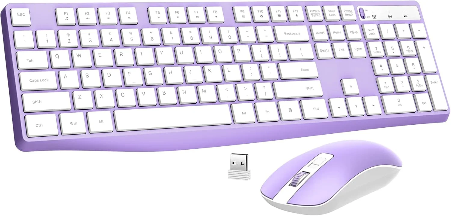 ست موس و کیبورد بی‌سیم Lovaky، کیبورد و موس فول سایز 2.4 گیگاهرتز با گیرنده USB، موس بی‌سیم با قابلیت تنظیم DPI در 3 سطح برای ویندوز، مک OS، دسکتاپ/لپ‌تاپ/کامپیوتر، بنفش